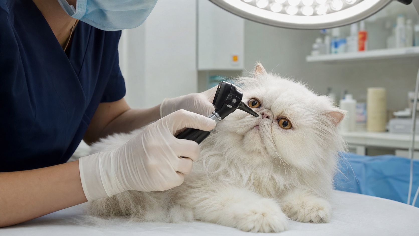Vétérinaire examinant les yeux d'un Persan blanc dans une clinique vétérinaire française