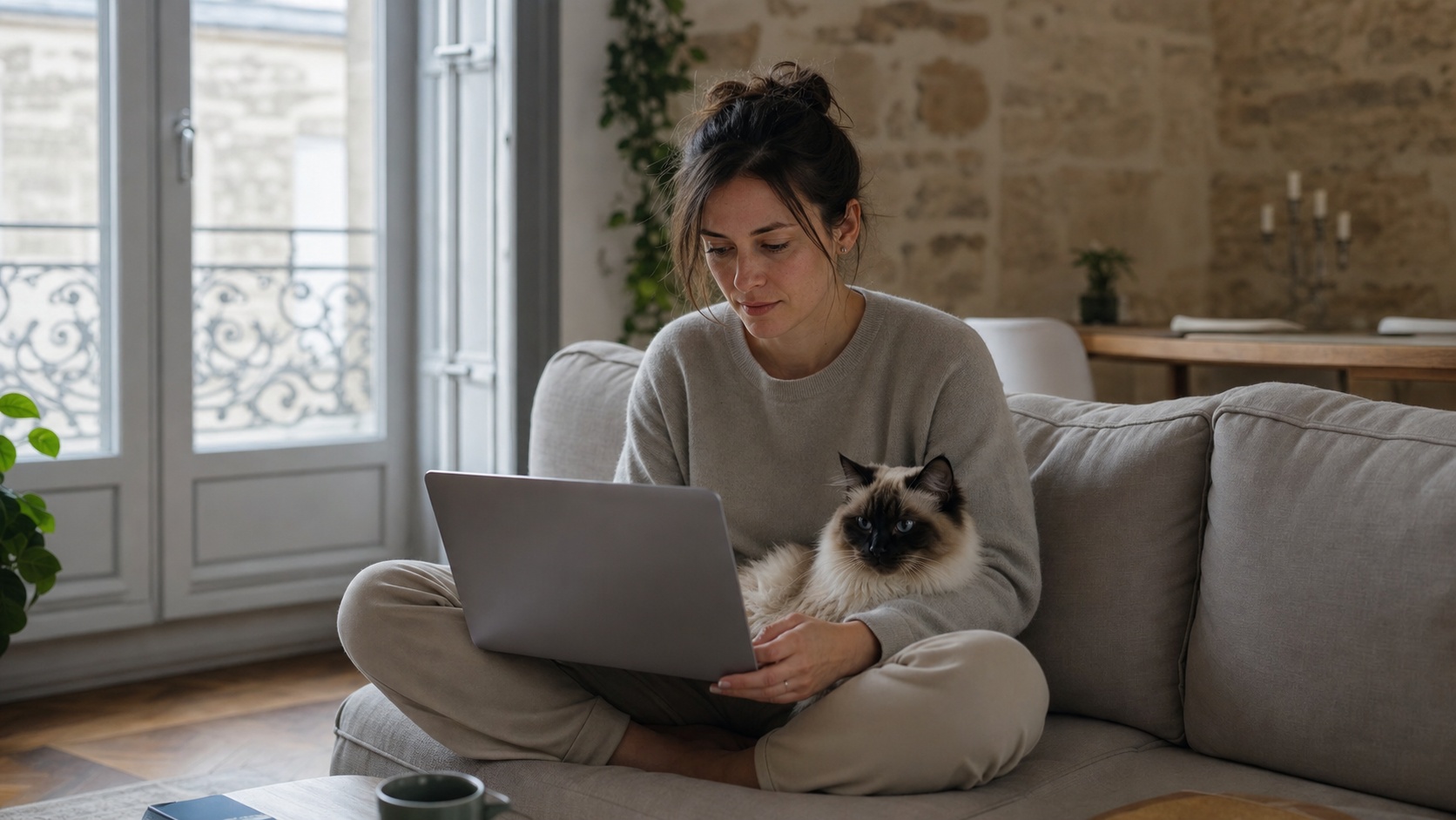 Propriétaire souscrivant une assurance chat en ligne sur une tablette depuis son salon