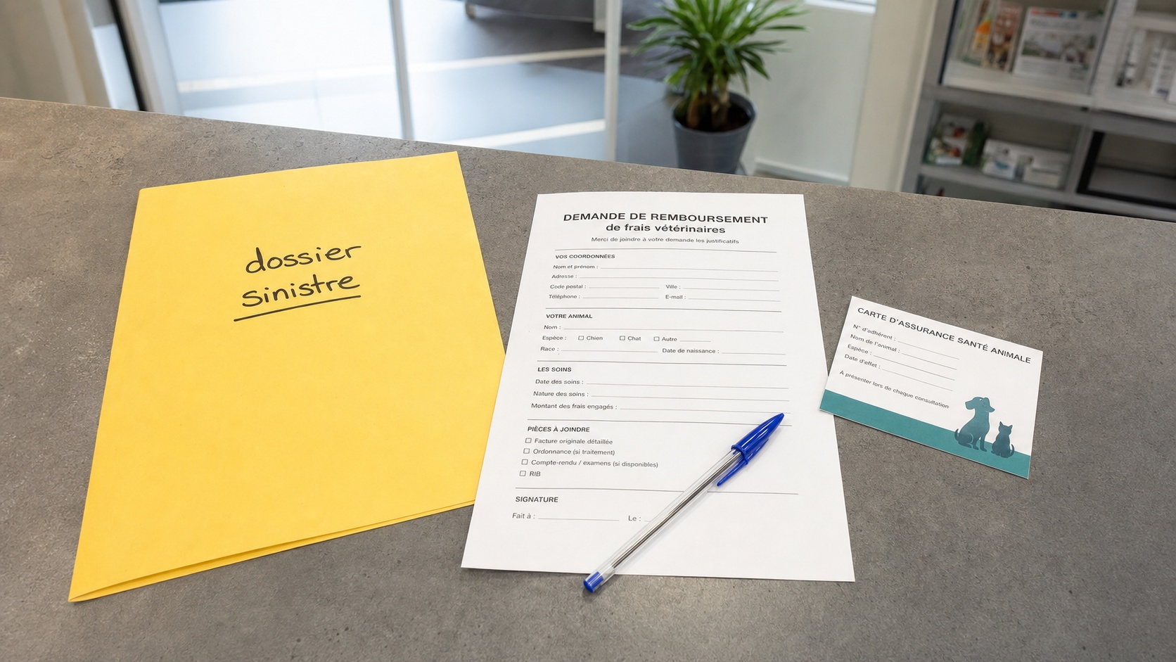 Document de contrat d'assurance animaux avec tampon et stylo sur un bureau de vétérinaire