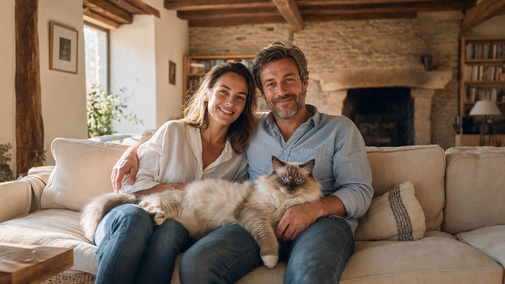 Propriétaire sereine tenant son Ragdoll dans ses bras dans un appartement lumineux à Paris