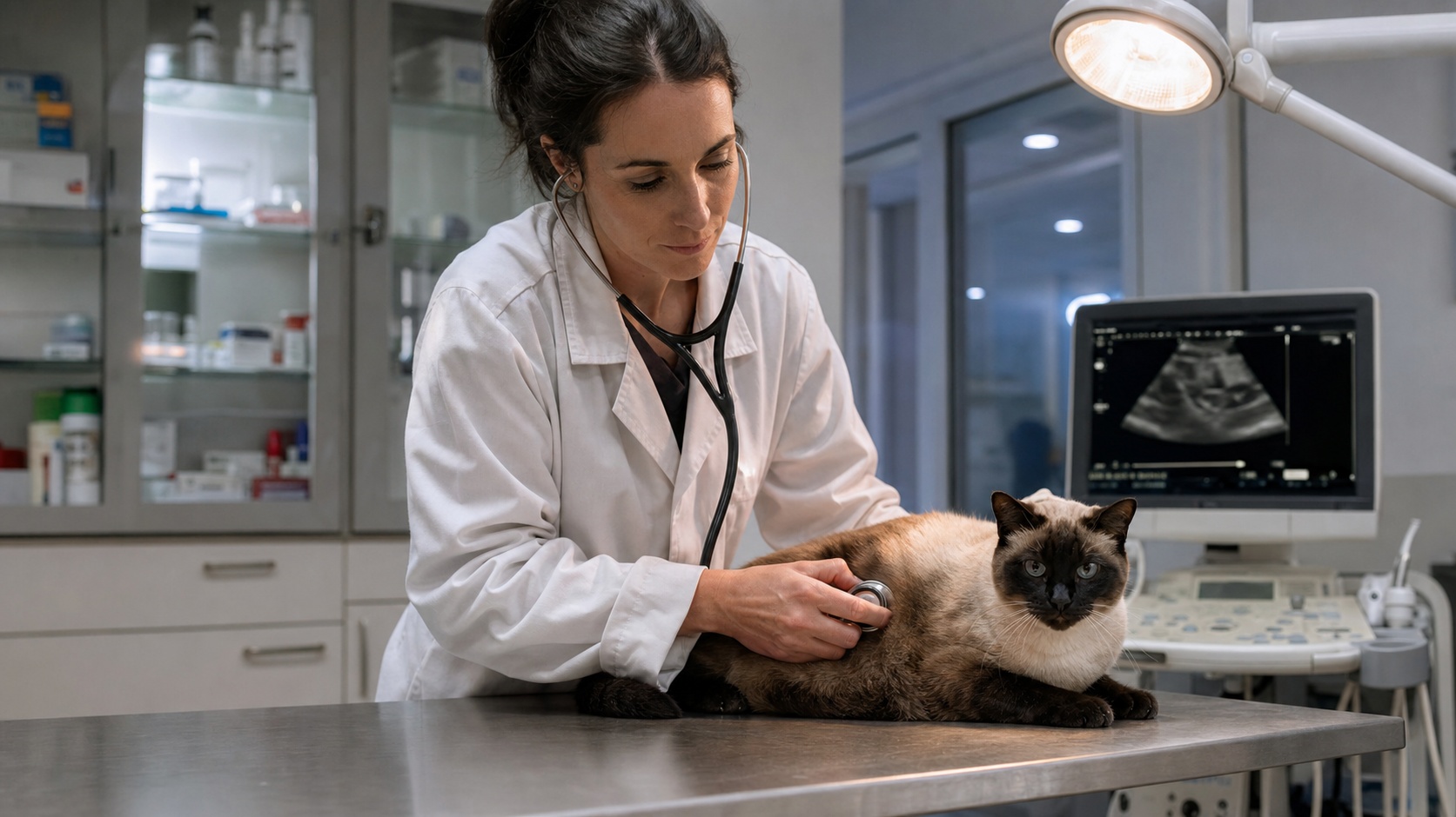 Chat siamois adulte aux yeux bleus chez un vétérinaire lors d'une consultation de contrôle