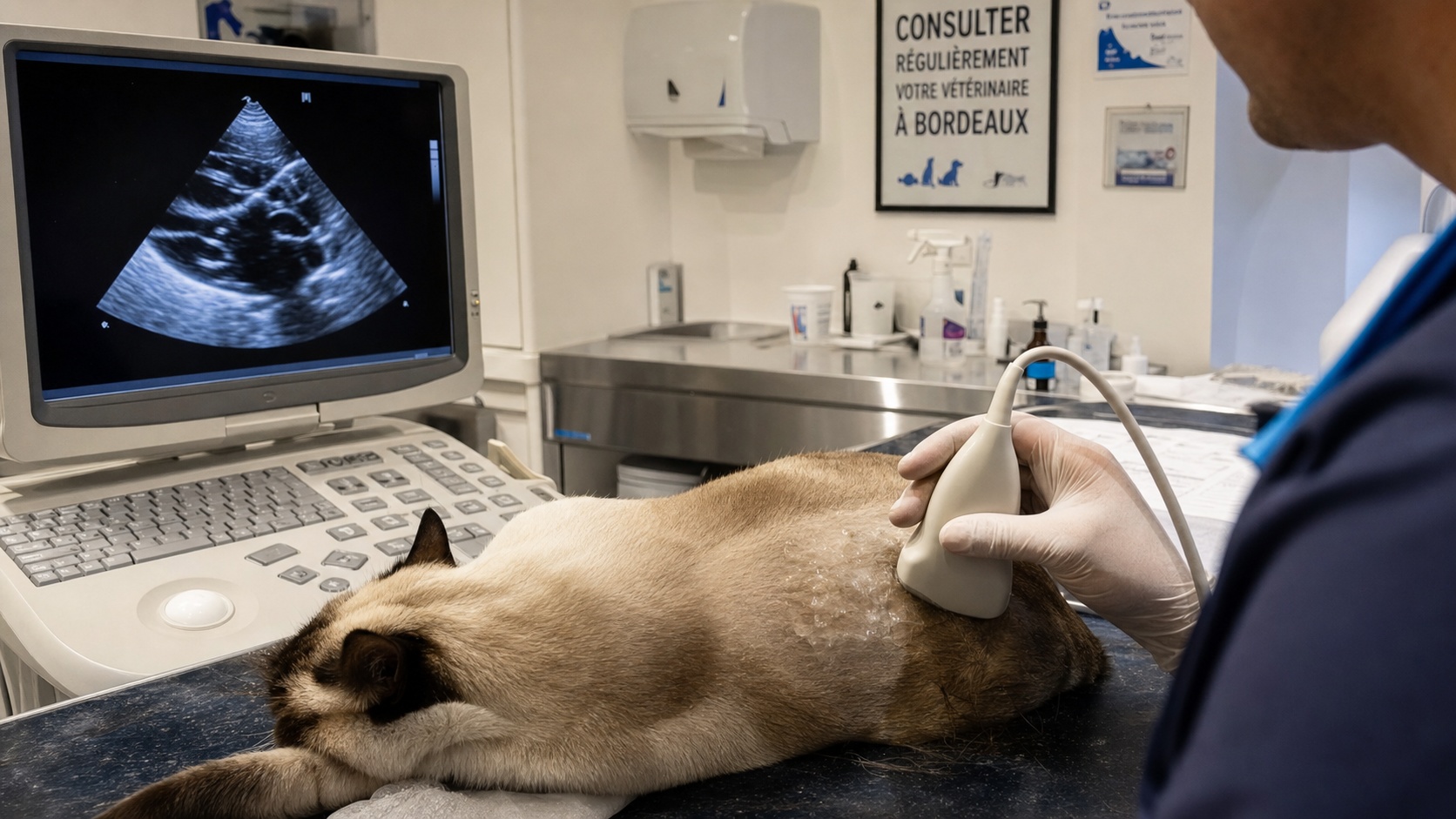 Vétérinaire examinant un chat siamois sur une table d'auscultation avec stéthoscope, clinique vétérinaire française
