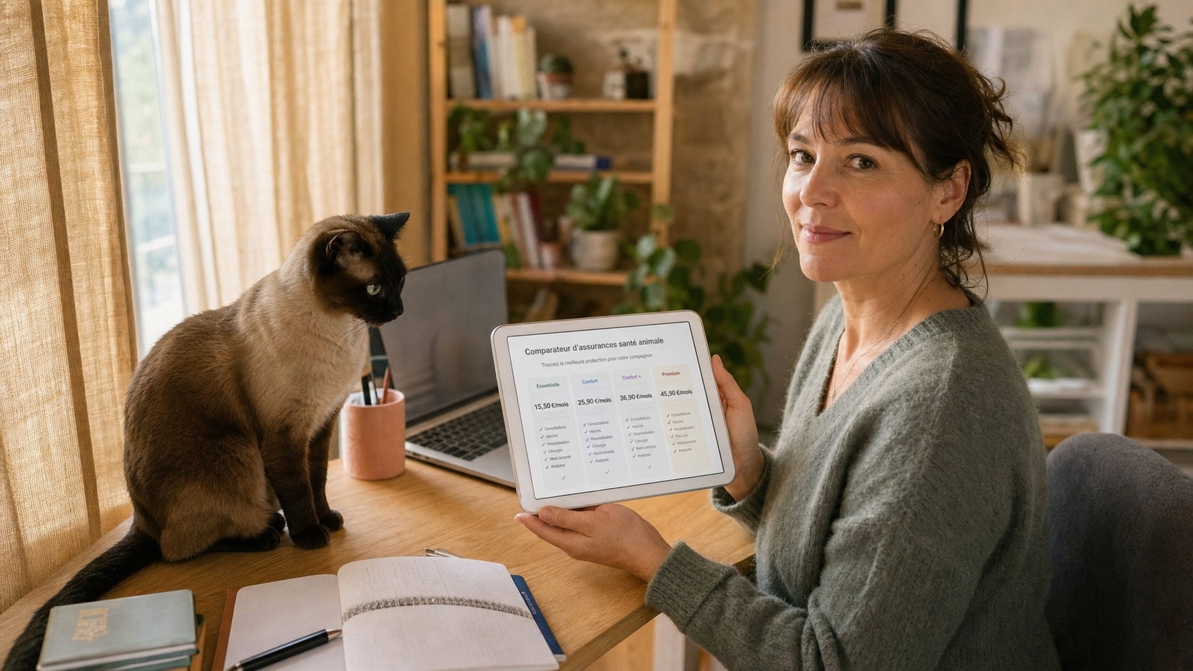 Propriétaire consultant une offre d'assurance pour son chat siamois sur tablette numérique à son domicile