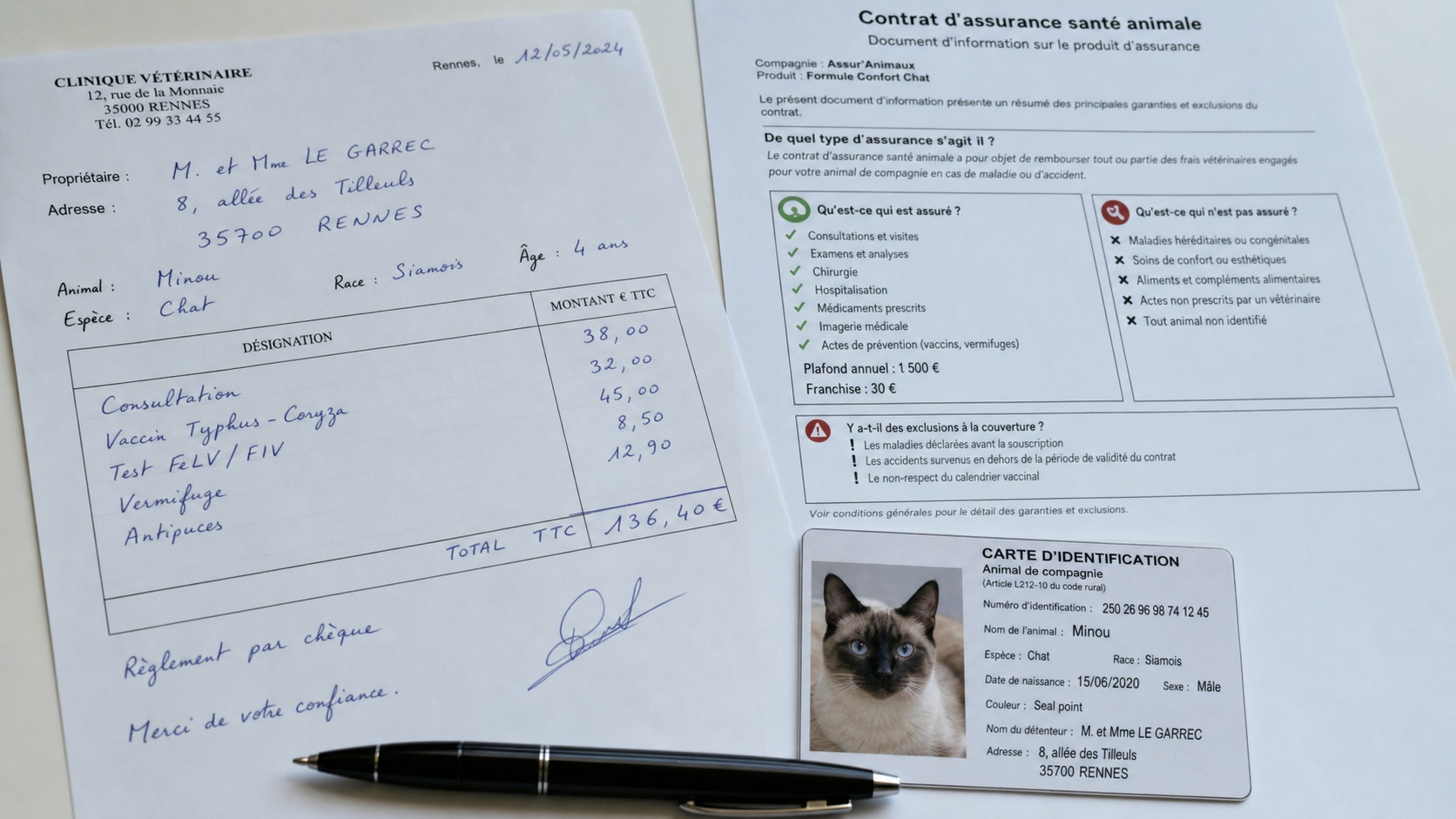 Documents de remboursement vétérinaire et carte d'identité d'un chat siamois posés sur un bureau avec stylo