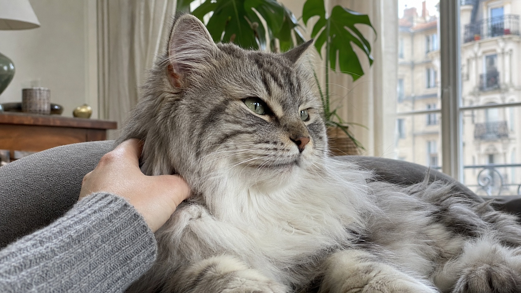 Chat sibérien adulte au pelage épais tabby, assis dans un salon français, lumière naturelle de fenêtre