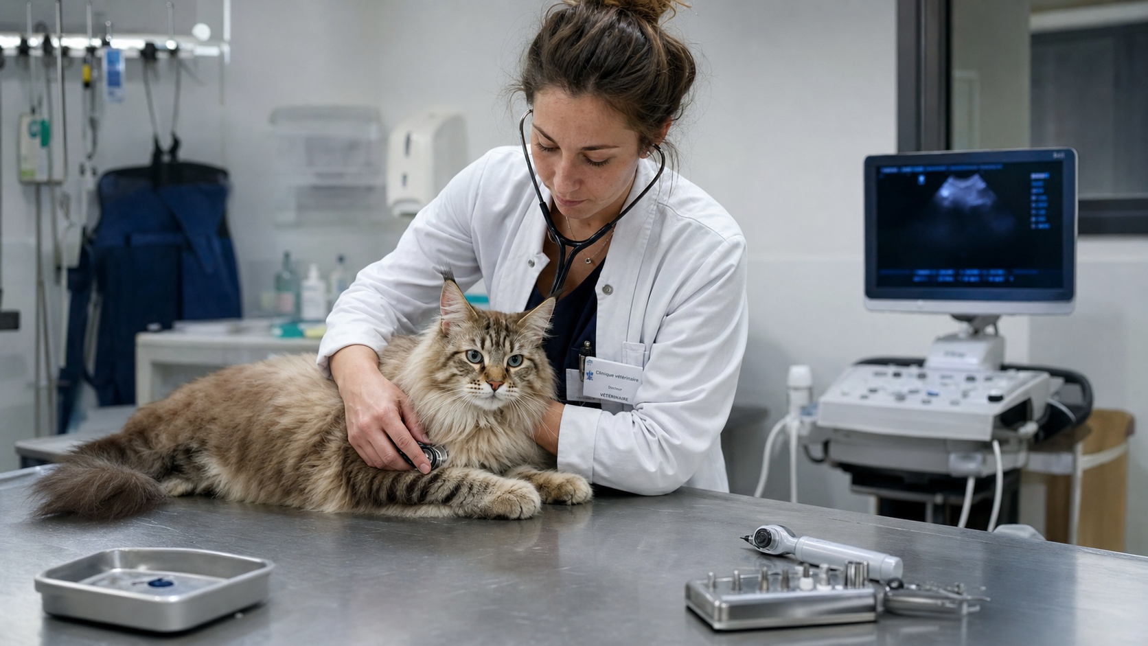 Vétérinaire ausculte un chat sibérien tabby sur une table d'examen clinique en cabinet vétérinaire à Lyon