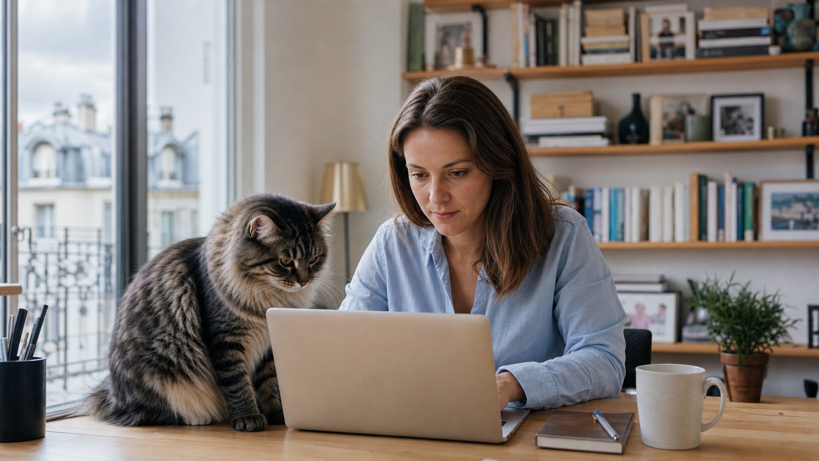 Propriétaire signe un contrat d'assurance animaux sur tablette numérique dans un bureau clair à Paris, chat sibérien assis sur le bureau
