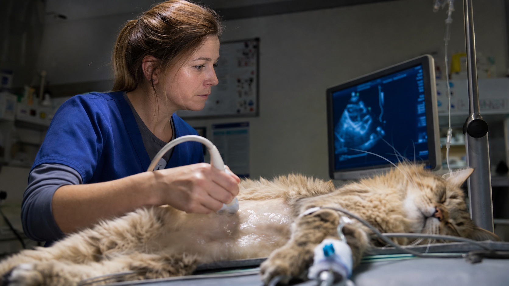 Vétérinaire réalise une échographie cardiaque sur un chat sibérien dans une clinique vétérinaire spécialisée à Grenoble