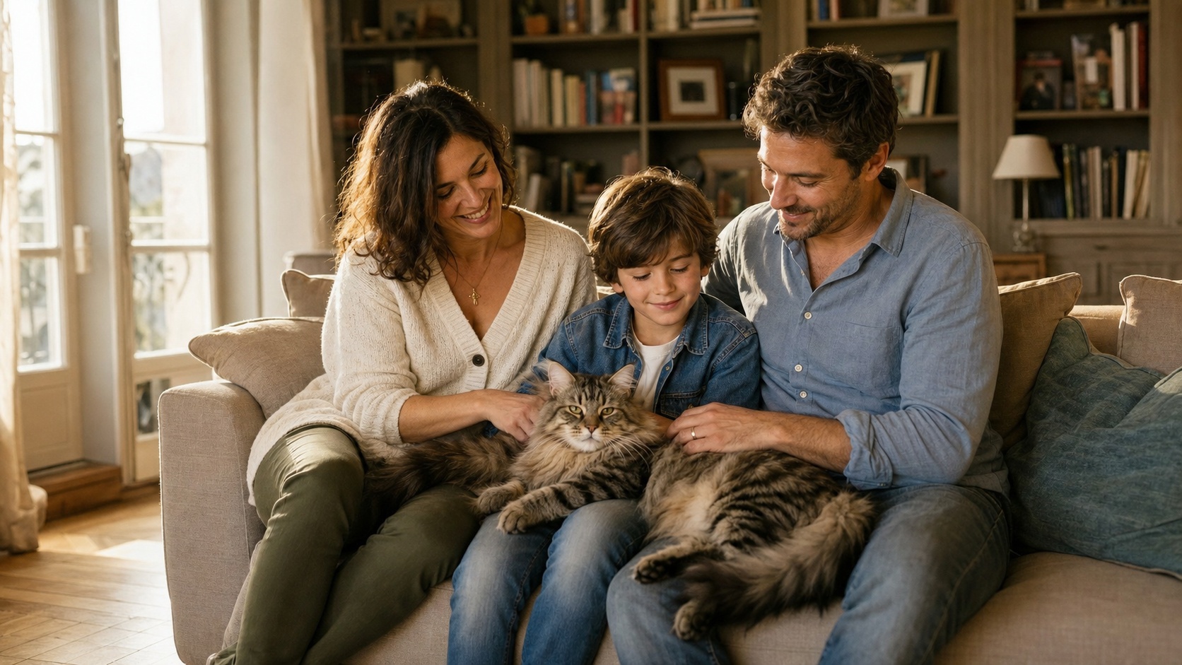 Famille souriante avec un chat sibérien dans un salon lumineux en France, propriétaires sereins après souscription d'assurance animaux