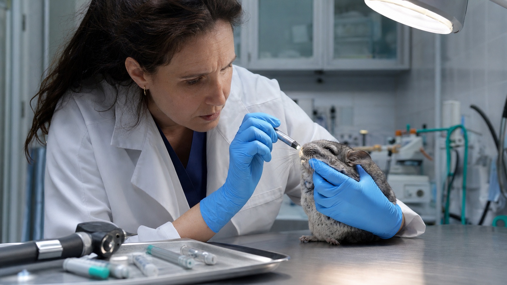 Chinchilla gris perché sur une branche dans un espace de vie enrichi, propriétaire souriant en arrière-plan flou