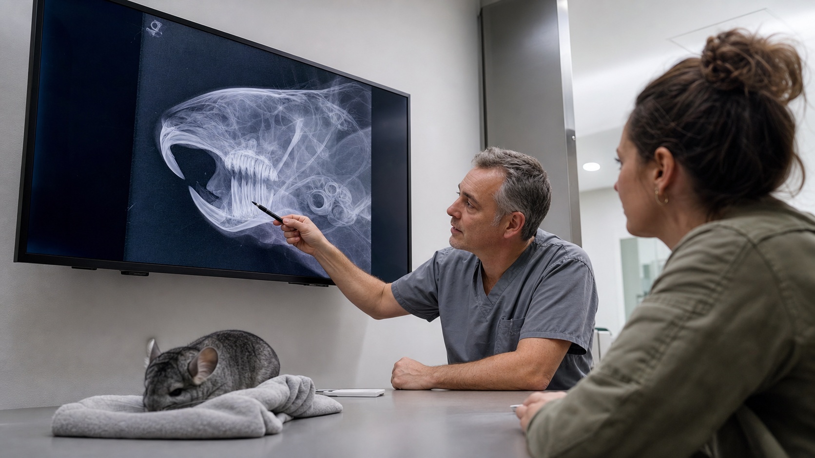 Vétérinaire spécialiste NAC examinant un chinchilla sur table d'examen, matériel médical visible au premier plan