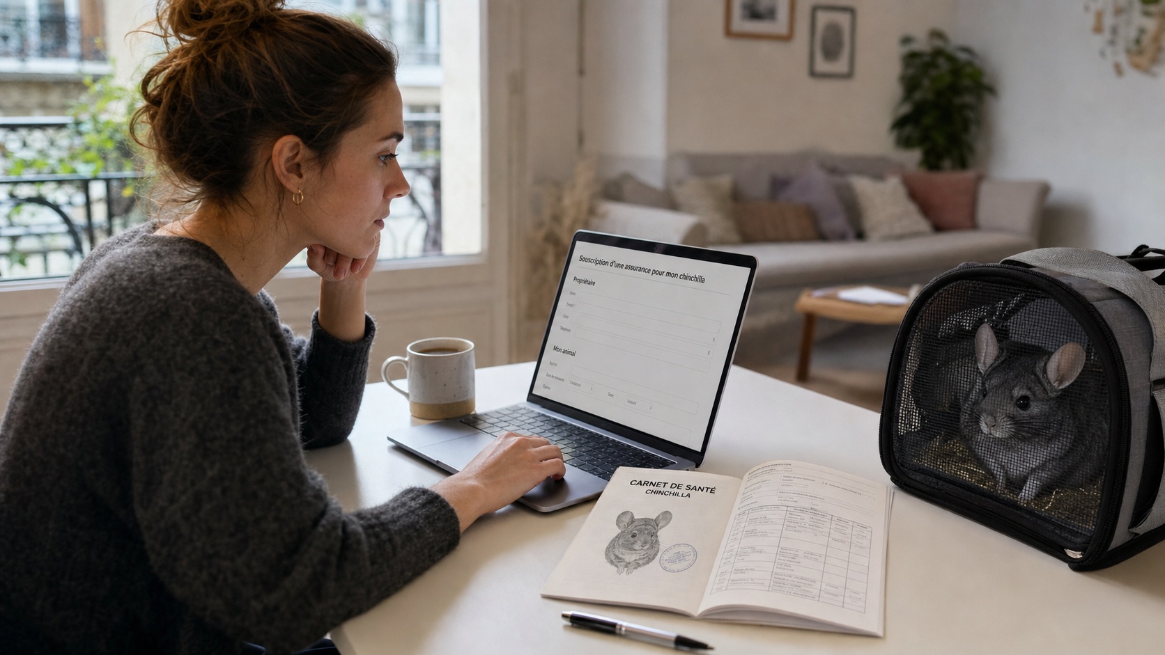 Propriétaire remplissant un formulaire de souscription d'assurance sur tablette, carnet de santé vétérinaire du chinchilla visible sur le bureau
