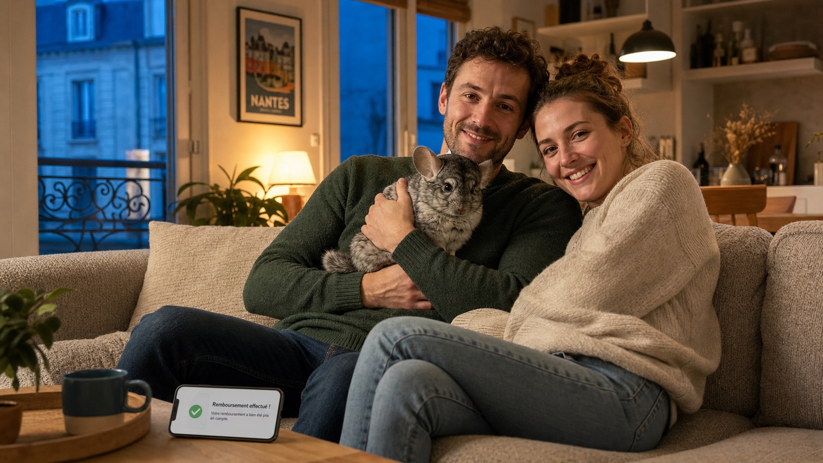 Propriétaire serein tenant son chinchilla dans ses mains, souriant, salon cosy avec lumière naturelle chaude