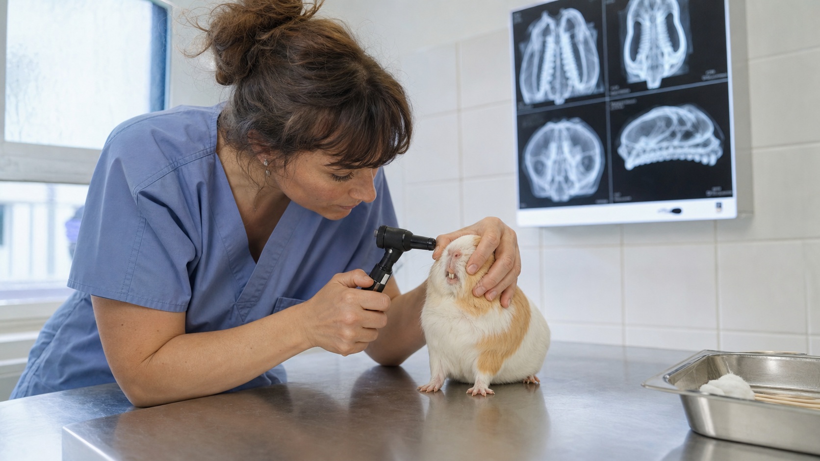 Cochon d'Inde roux et blanc examiné par une vétérinaire en cabinet