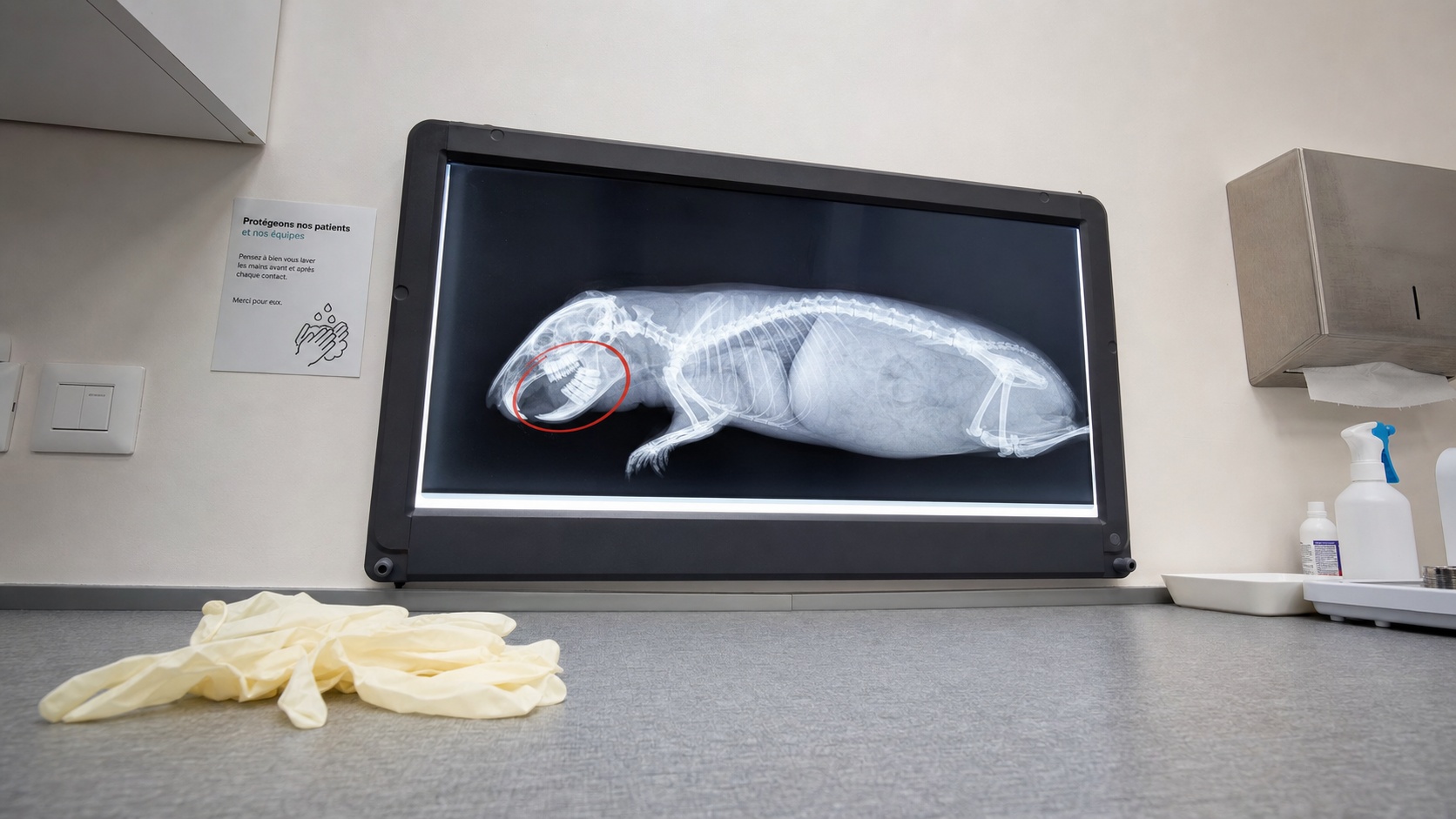 Radiographie d'un cochon d'Inde affichée sur écran en cabinet vétérinaire