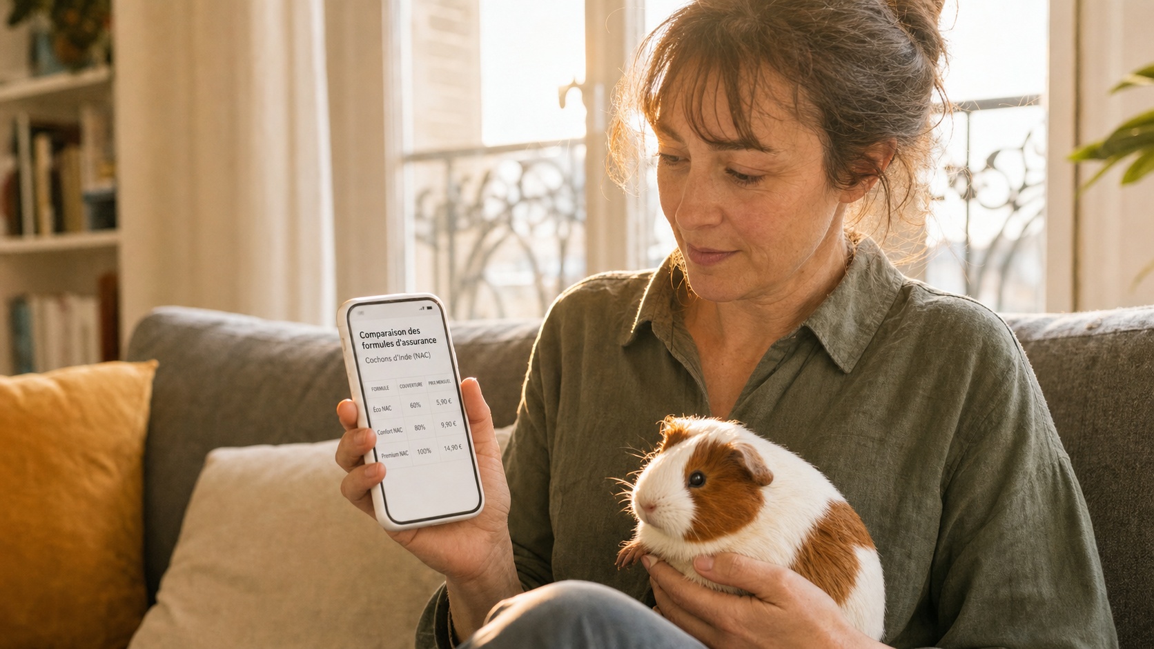 Propriétaire consultant un devis assurance NAC sur smartphone dans un salon