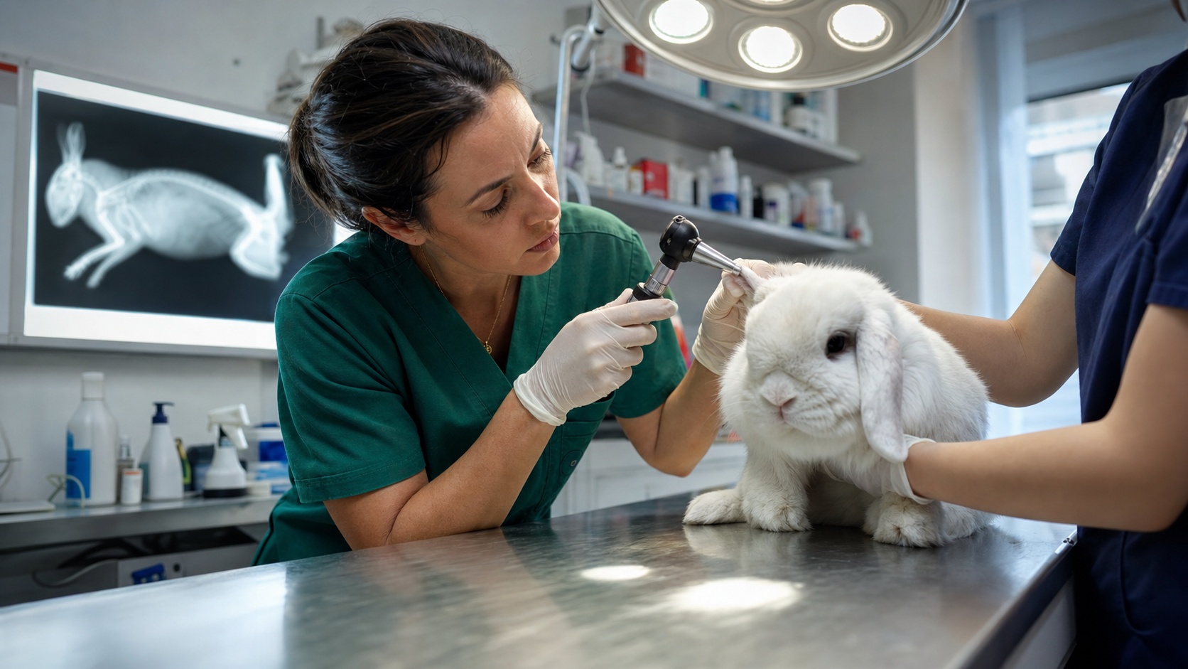 Vétérinaire examinant un lapin nain sur une table d'auscultation dans un cabinet spécialisé NAC