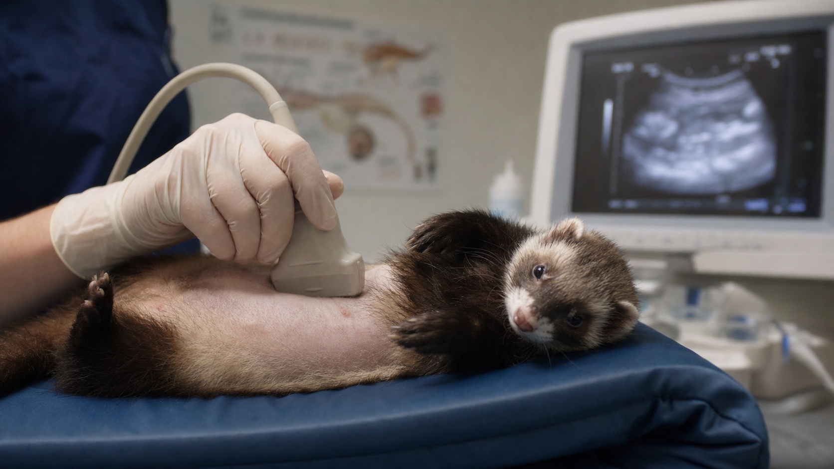 Furet en cours d'examen échographique dans une clinique vétérinaire spécialisée nouveaux animaux de compagnie