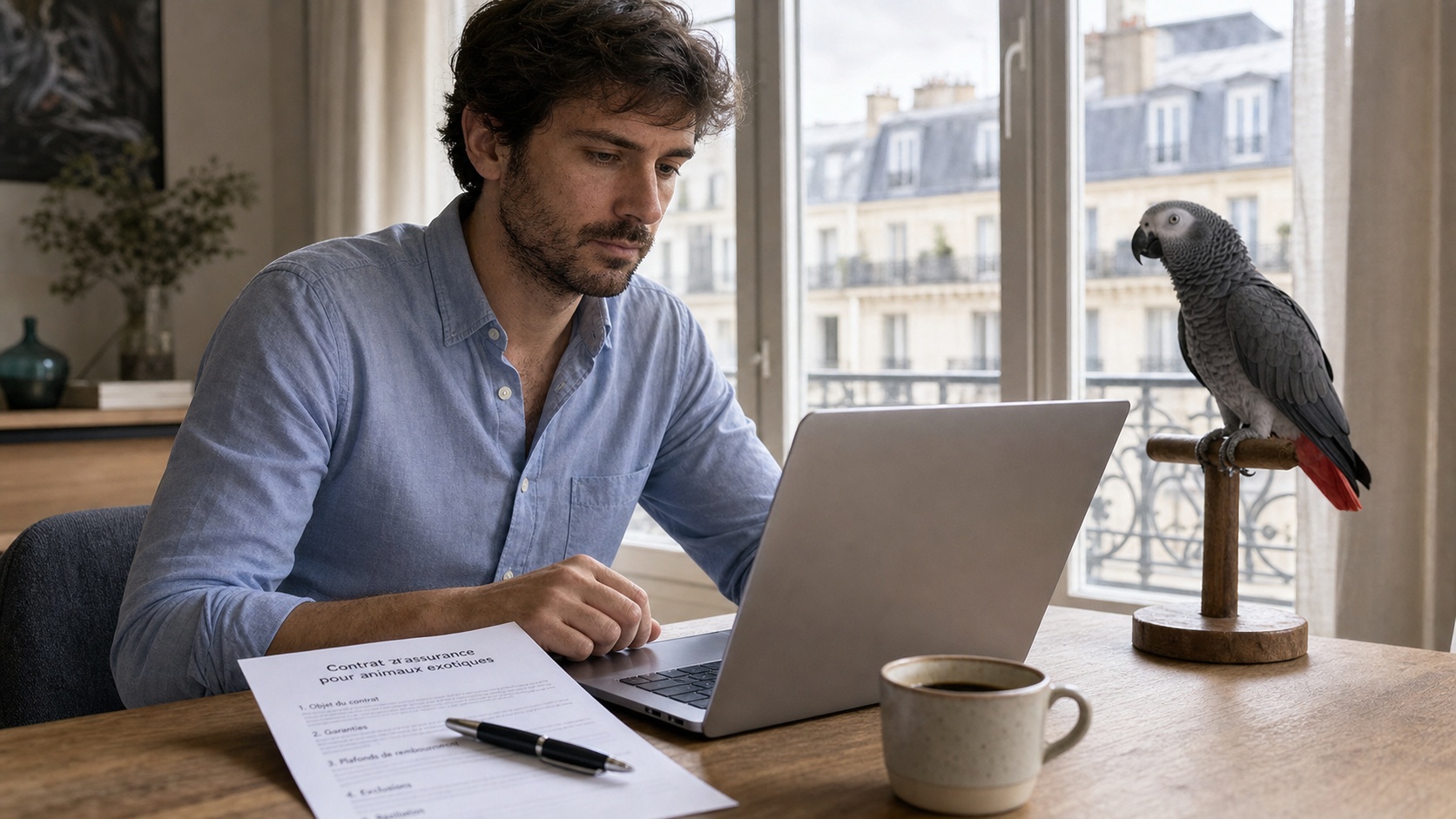 Propriétaire consultant une assurance NAC sur ordinateur portable avec son perroquet gris posé à côté