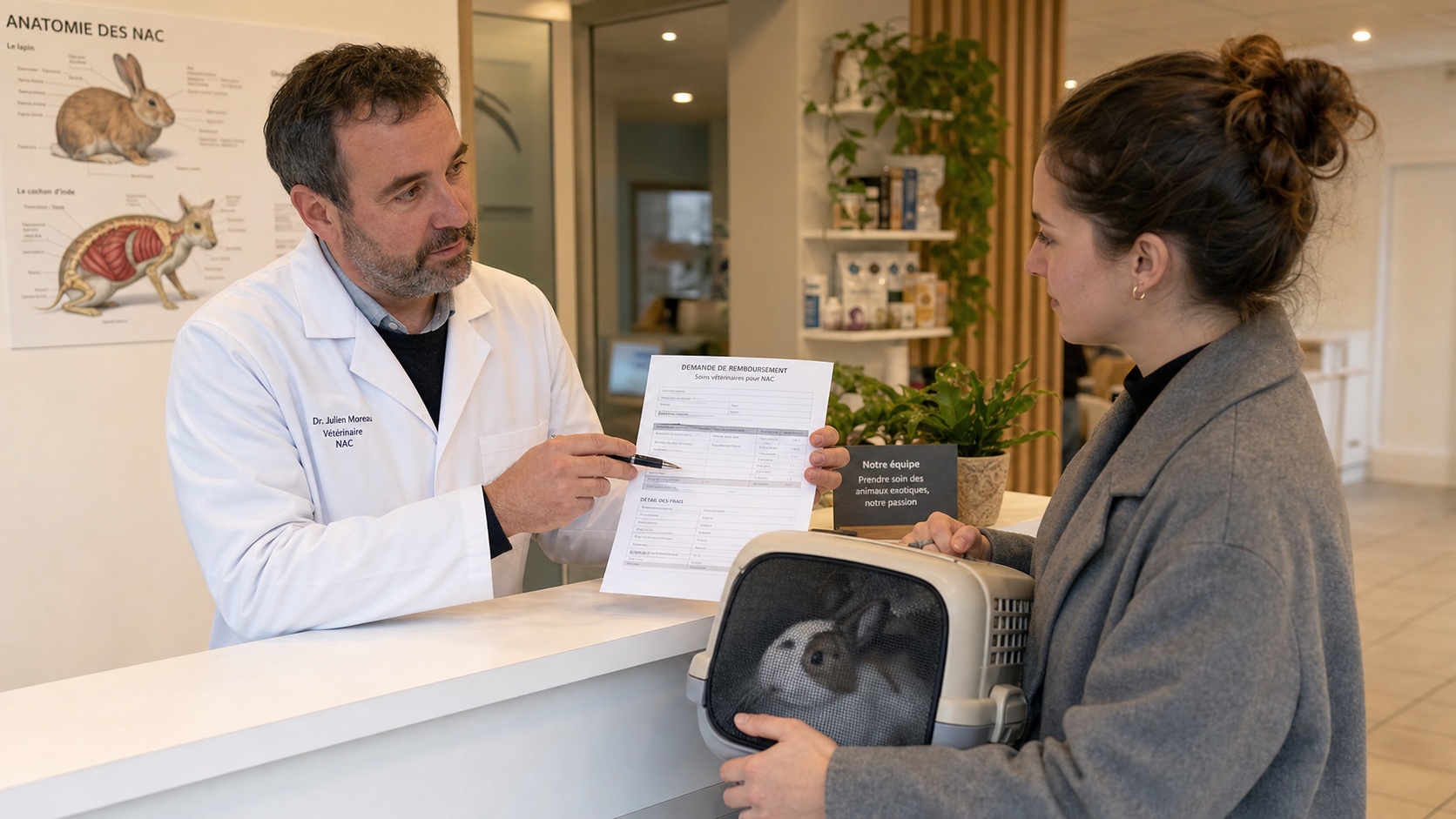 Vétérinaire présentant les documents de remboursement assurance NAC à un propriétaire dans un cabinet moderne
