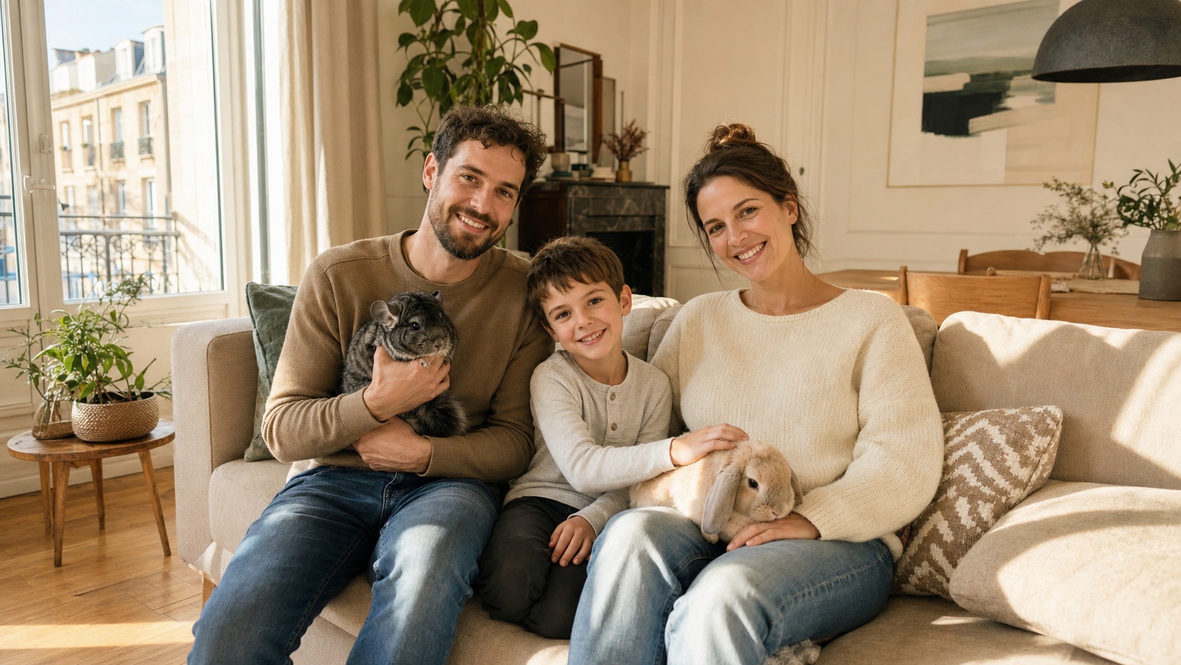 Famille heureuse avec un chinchilla et un lapin nain dans un salon lumineux après souscription assurance NAC