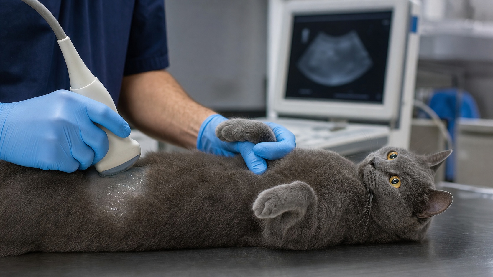 Vétérinaire examinant un chat avec stéthoscope dans un cabinet moderne
