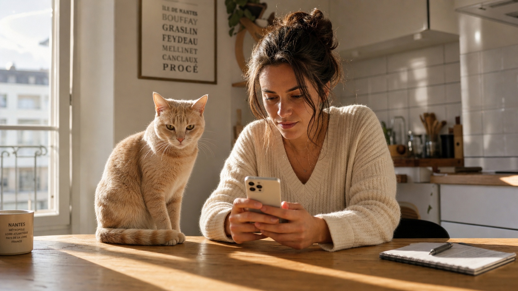 Propriétaire souscrivant une assurance maladie chat sur smartphone depuis son canapé