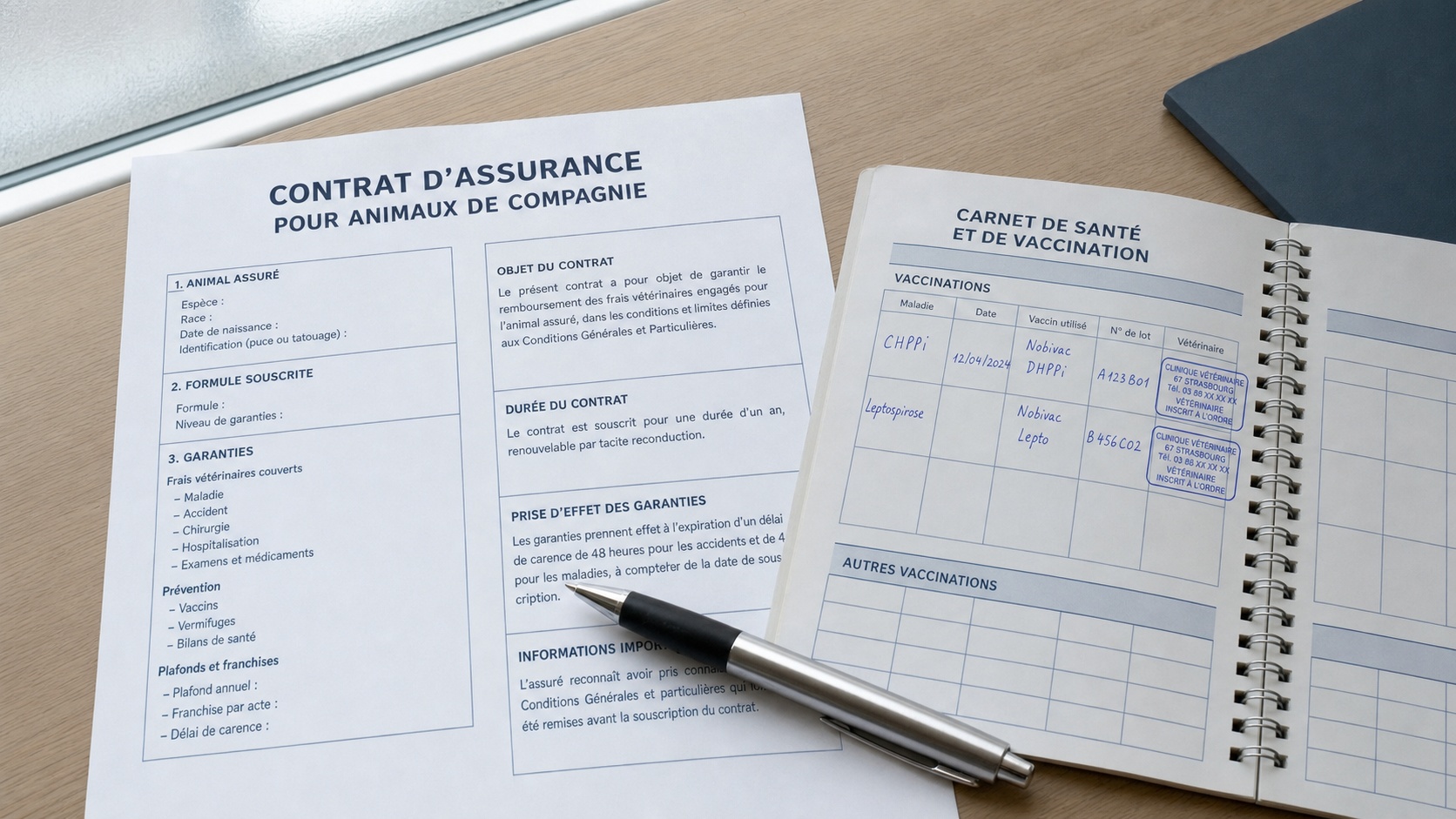 Document de contrat d'assurance chat posé sur un bureau avec certificat vétérinaire
