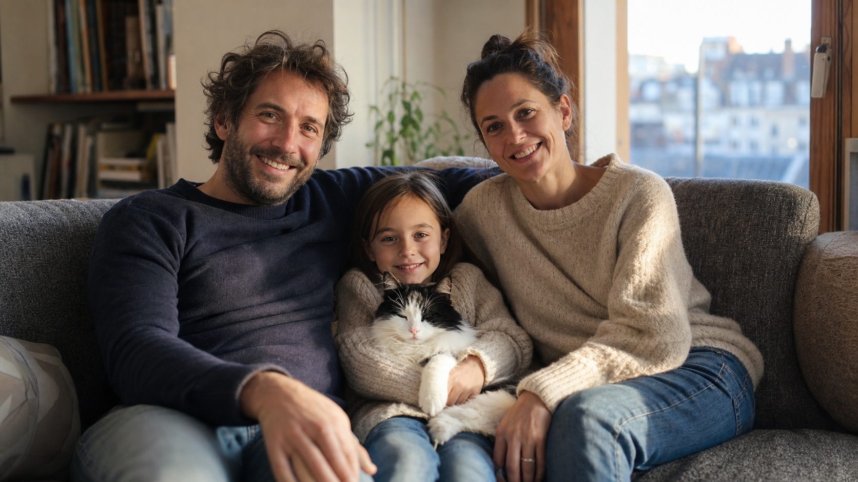 Propriétaire sereine avec son chat roux bien portant après remboursement des soins vétérinaires