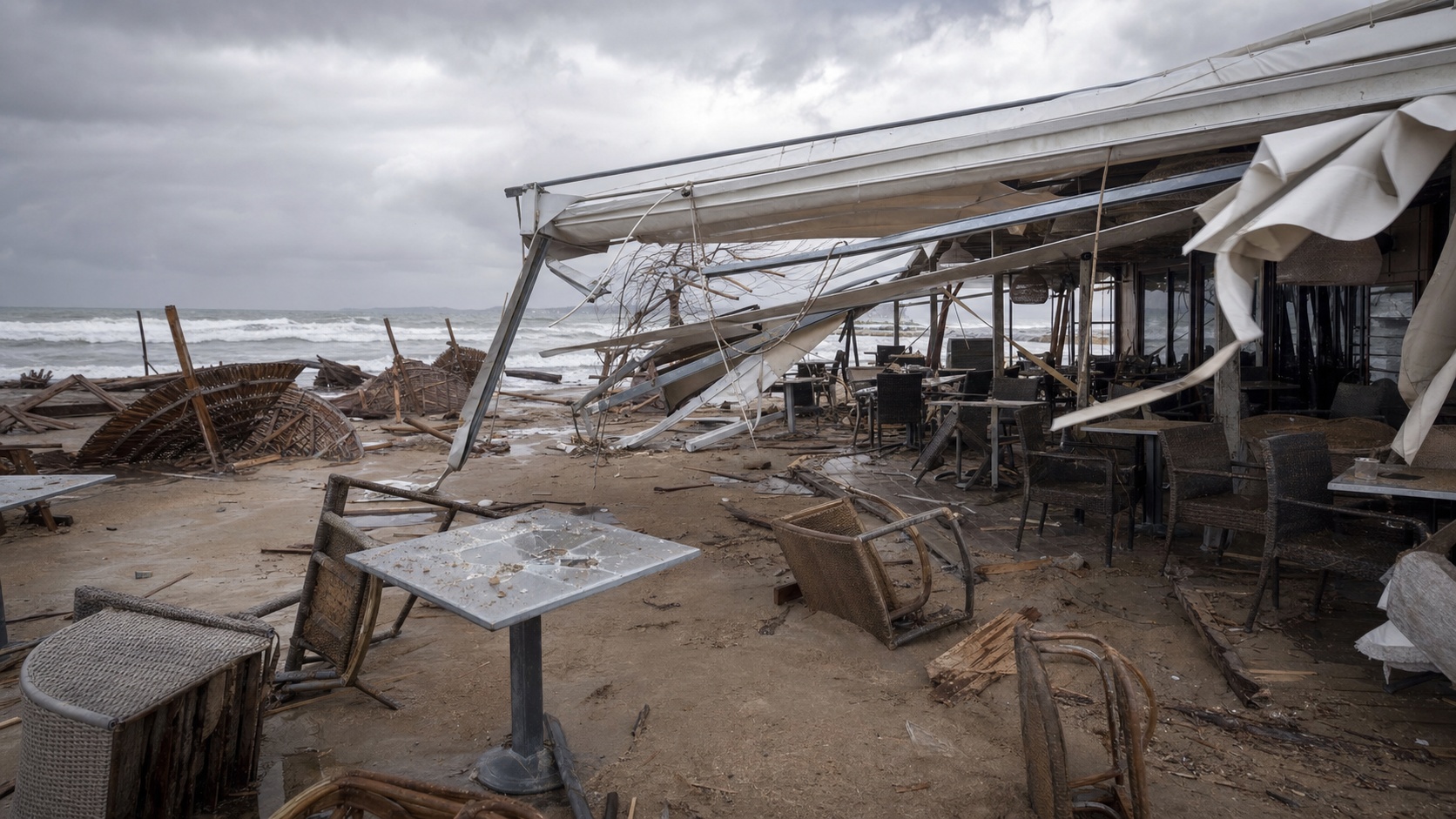 Terrasse d'un bar de plage endommagée par une tempête côtière sur le littoral méditerranéen