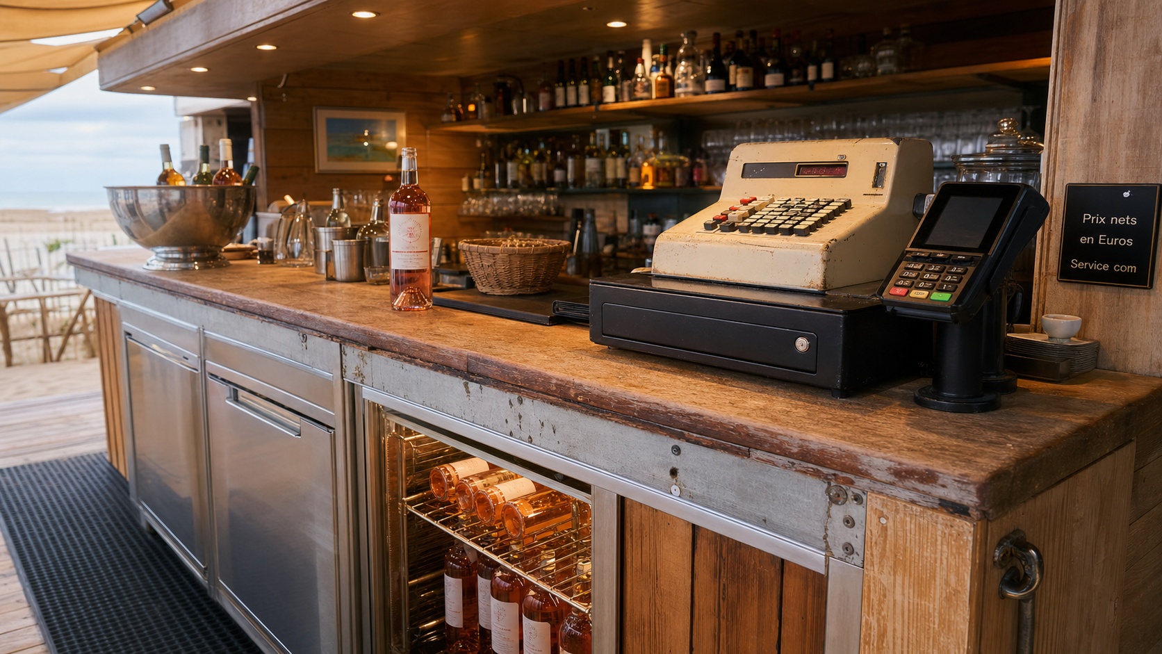 Intérieur d'un bar de plage avec comptoir en bois flotté, bouteilles et équipements professionnels en vue rapprochée