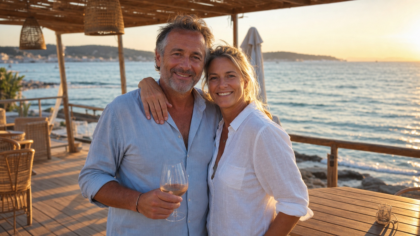 Exploitant d'un bar de plage souriant sur sa terrasse en fin de saison, regard serein après un été bien assuré