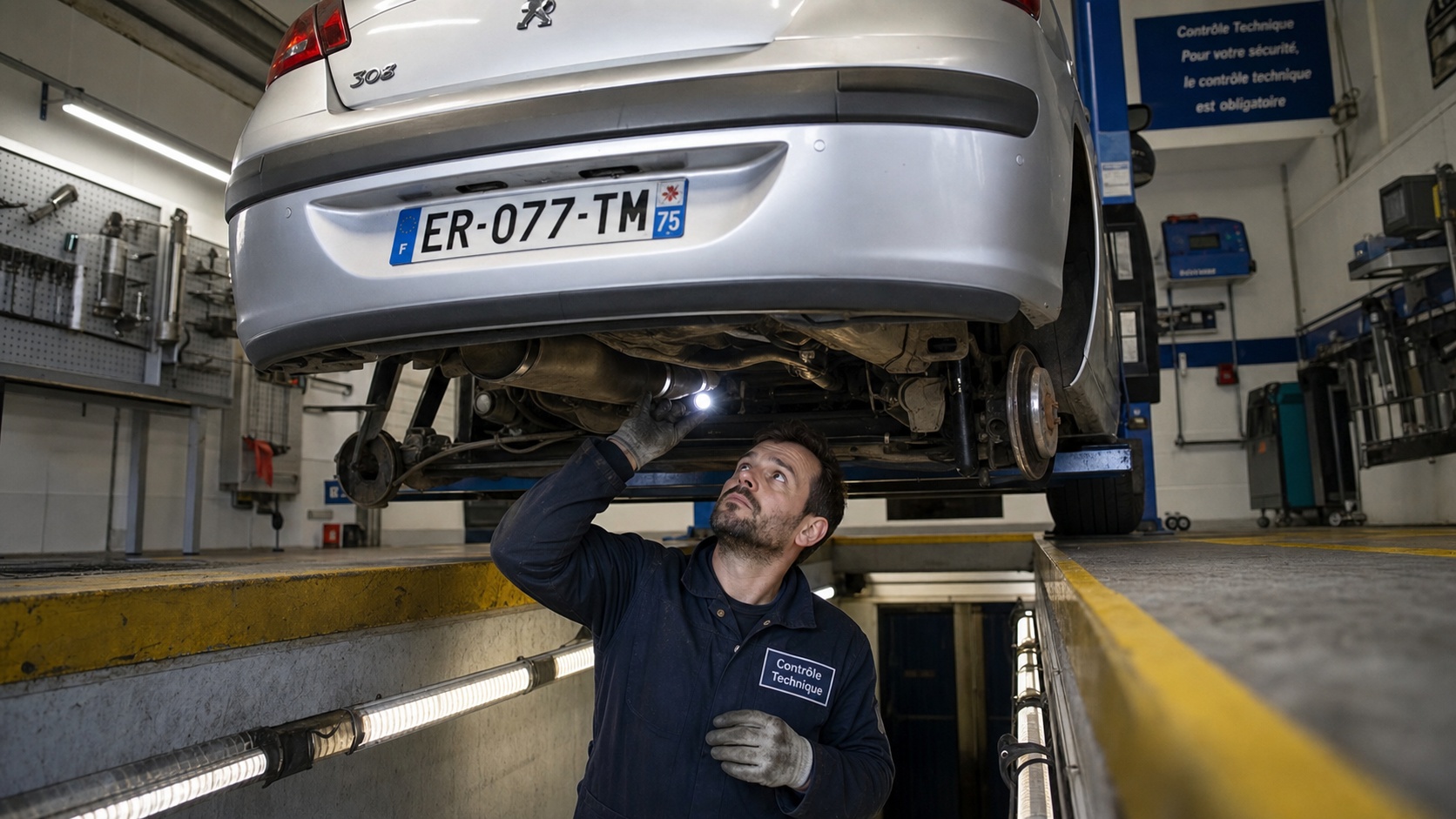 Technicien en blouse réalisant un contrôle technique sous une voiture surélevée dans un centre agréé