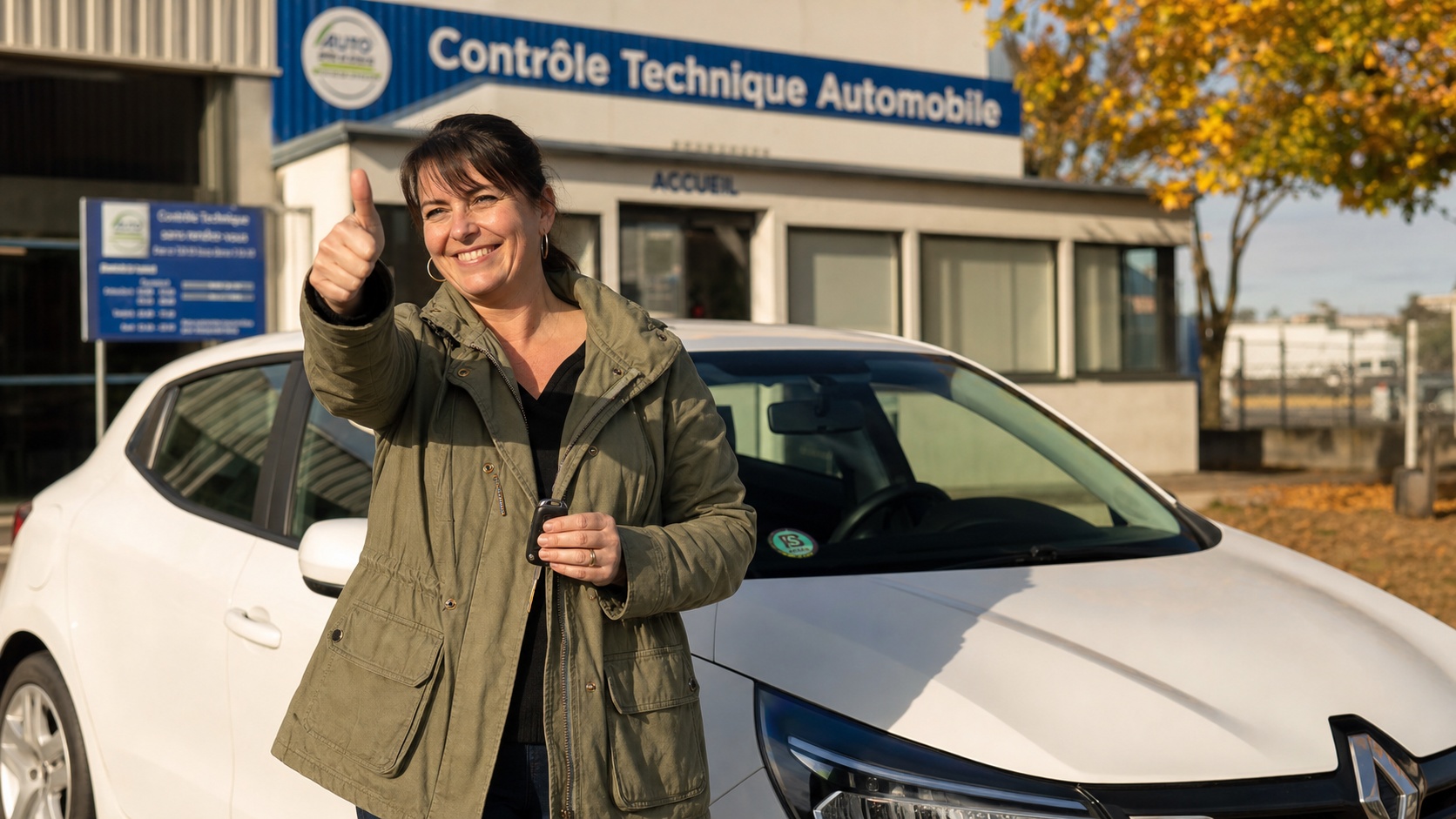 Exploitant souriant devant son centre de contrôle technique avec un véhicule client garé à l'entrée