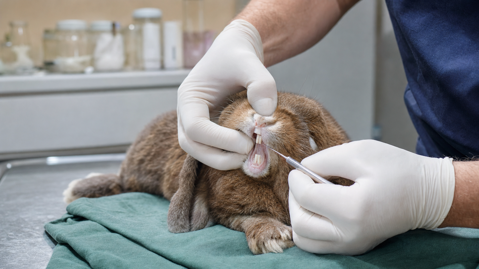 Vétérinaire examinant les dents d'un lapin nain en cabinet