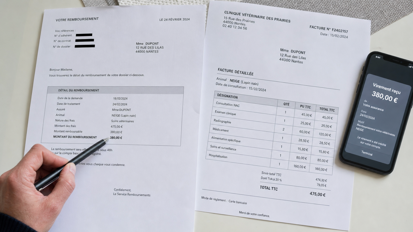 Document de remboursement assurance NAC avec facture vétérinaire pour lapin