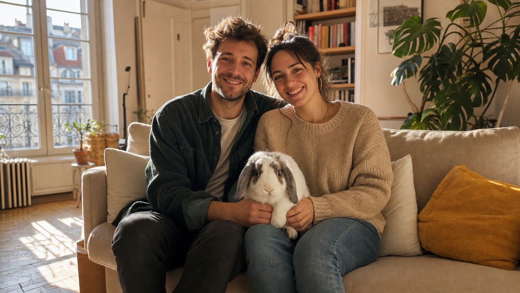 Propriétaire serein avec son lapin après souscription assurance NAC