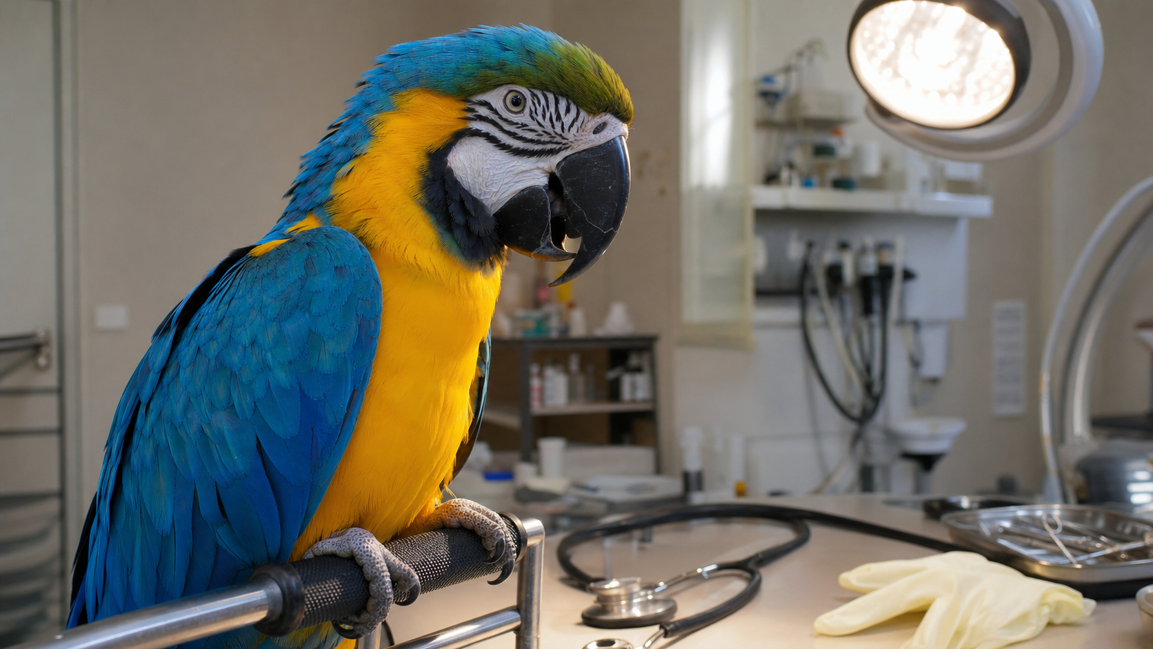 Perroquet ara sur un perchoir de cabinet vétérinaire spécialisé oiseaux exotiques