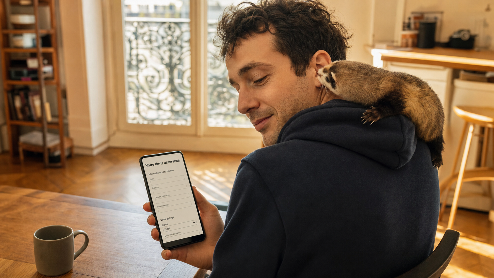 Propriétaire consultant une offre assurance NAC sur smartphone avec son furet sur l'épaule