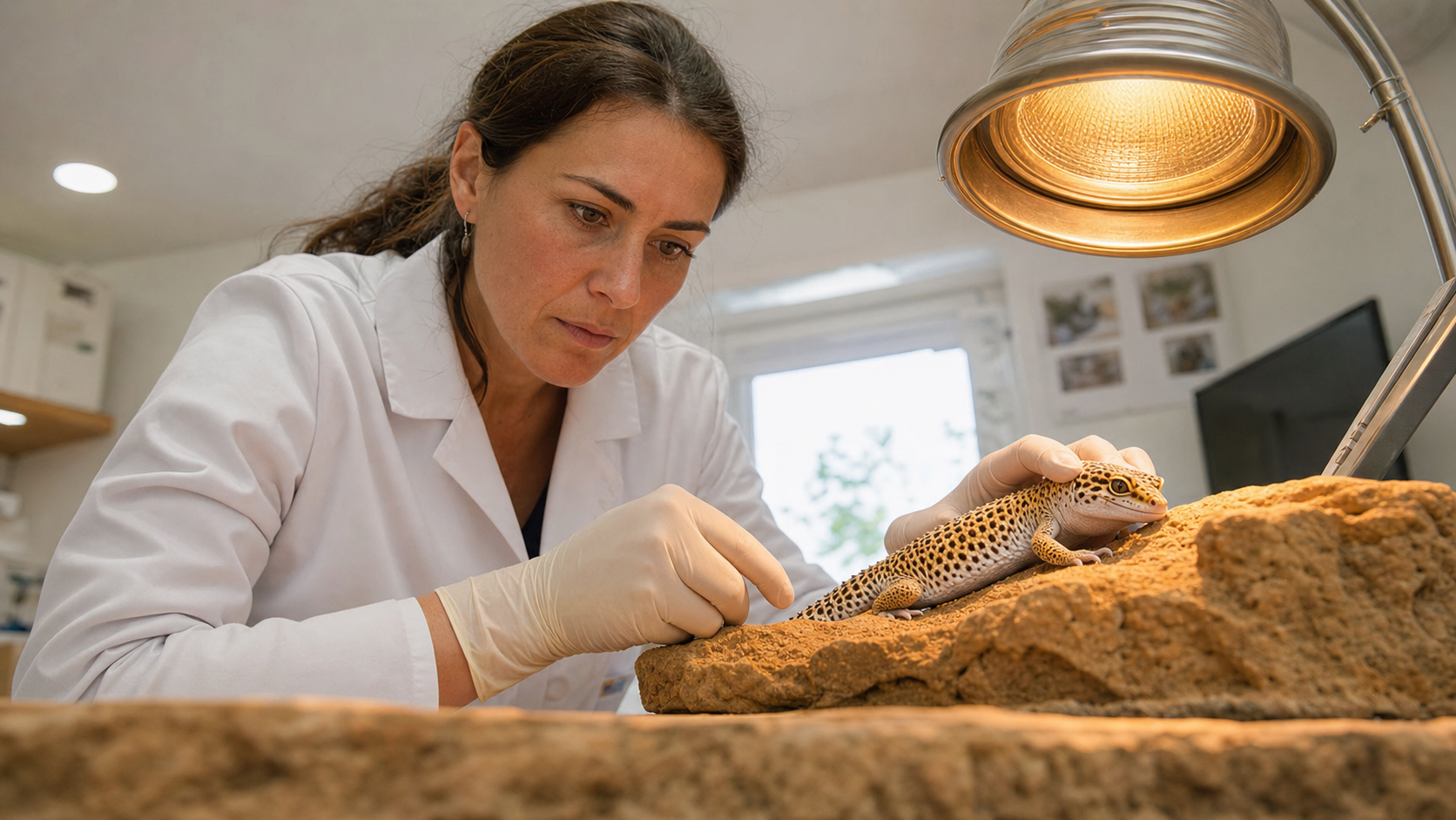 Vétérinaire examinant un reptile gecko léopard sous lampe chauffante dans une salle de consultation