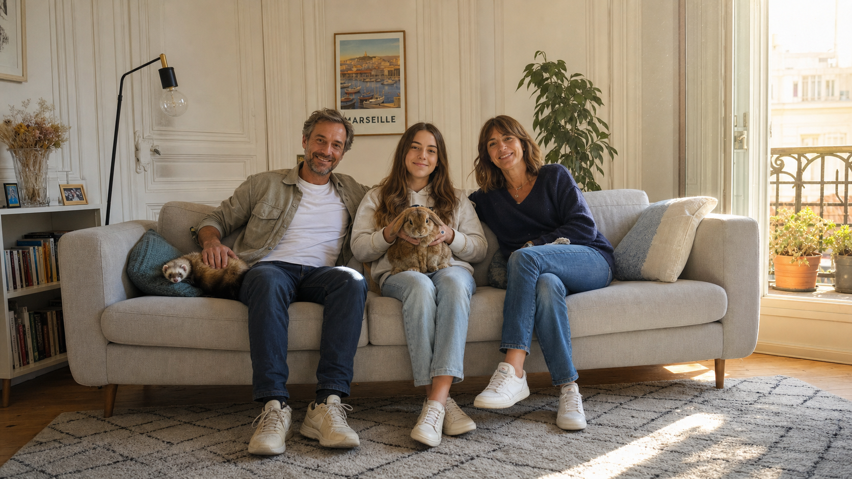 Famille souriante avec lapin nain et furet dans un salon lumineux, sérénité après souscription assurance NAC