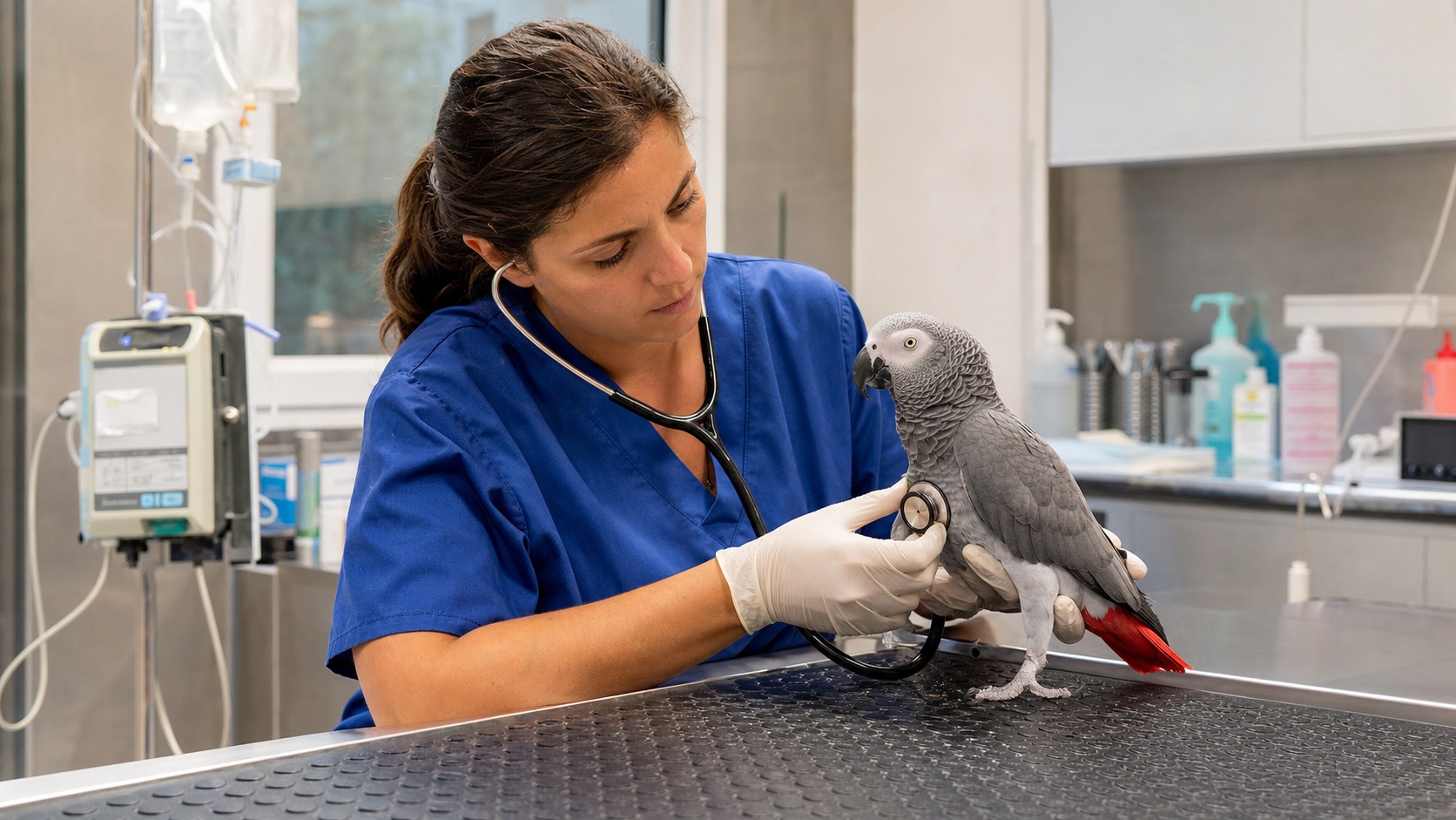 Propriétaire et son perroquet gris du Gabon chez un vétérinaire spécialisé en animaux exotiques