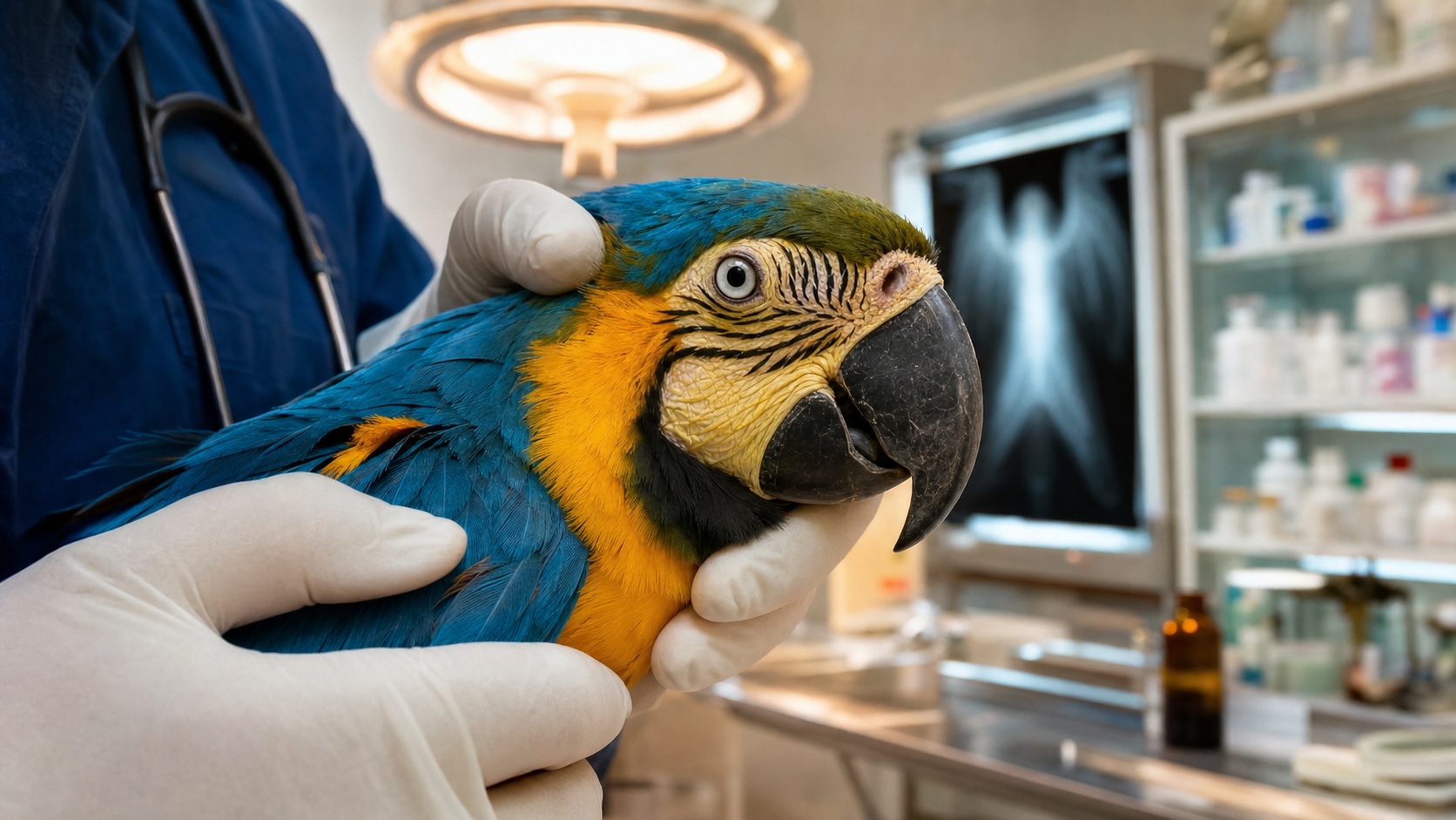 Vétérinaire aviaire examinant un perroquet amazon avec un stéthoscope en clinique spécialisée