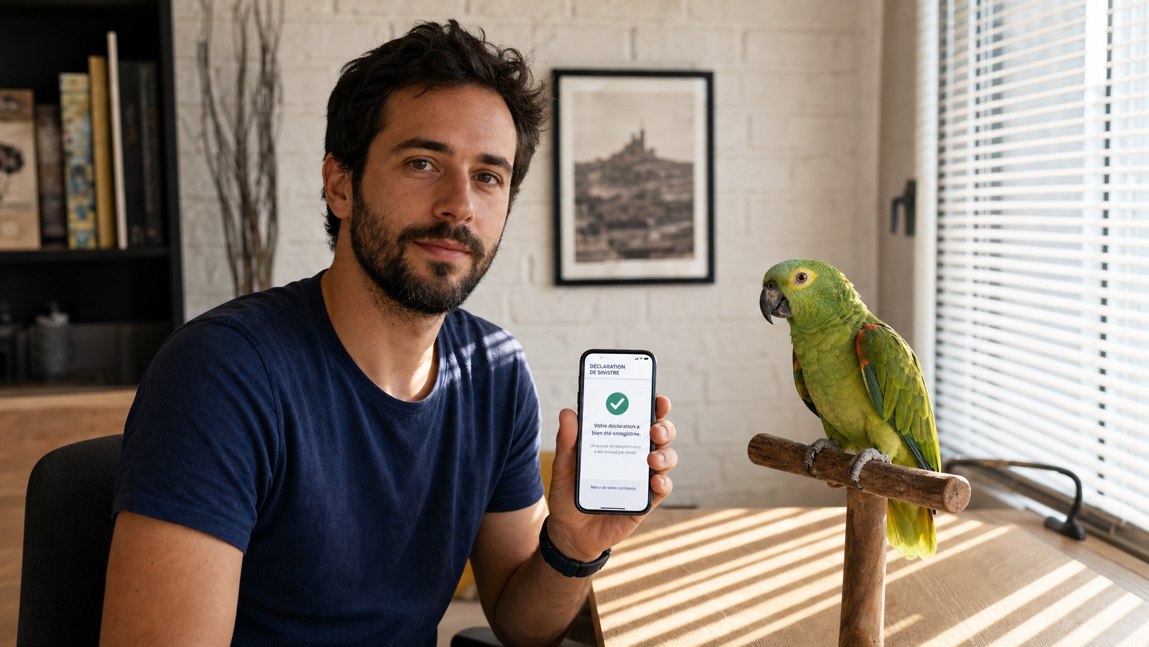 Propriétaire consultant son téléphone pour soumettre une demande de remboursement assurance perroquet en ligne