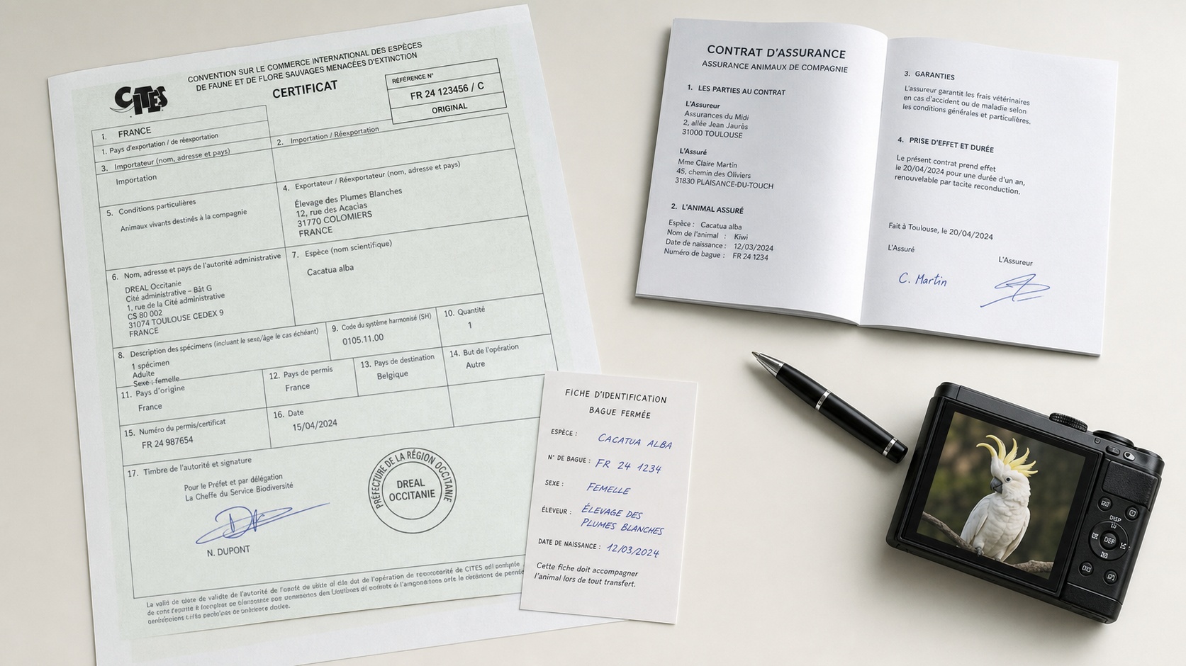 Document CITES et certificat d'identification d'un perroquet ara posés sur un bureau avec stylo et contrat d'assurance
