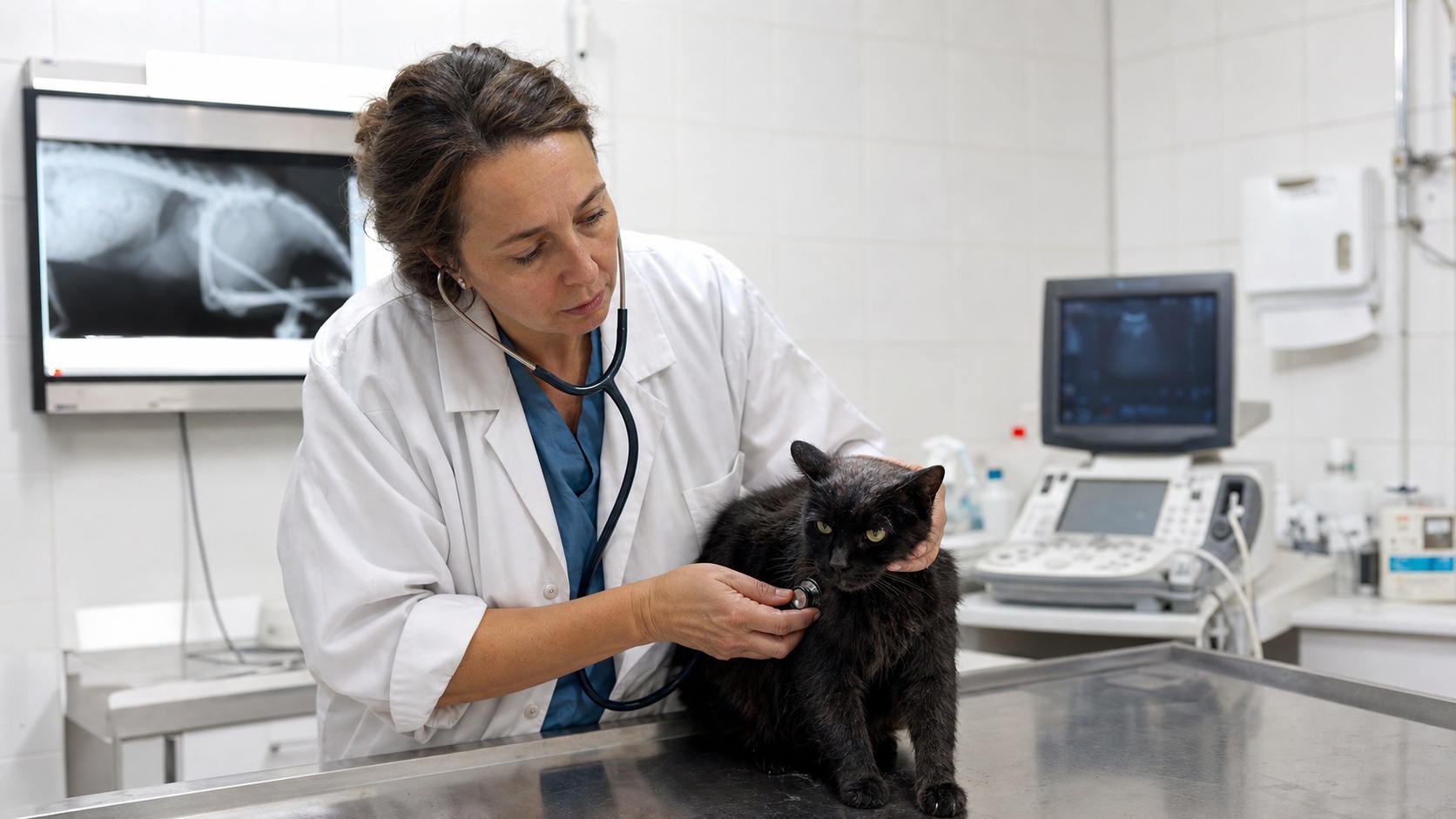 Vétérinaire examinant un chat âgé sur une table d'auscultation dans une clinique vétérinaire française