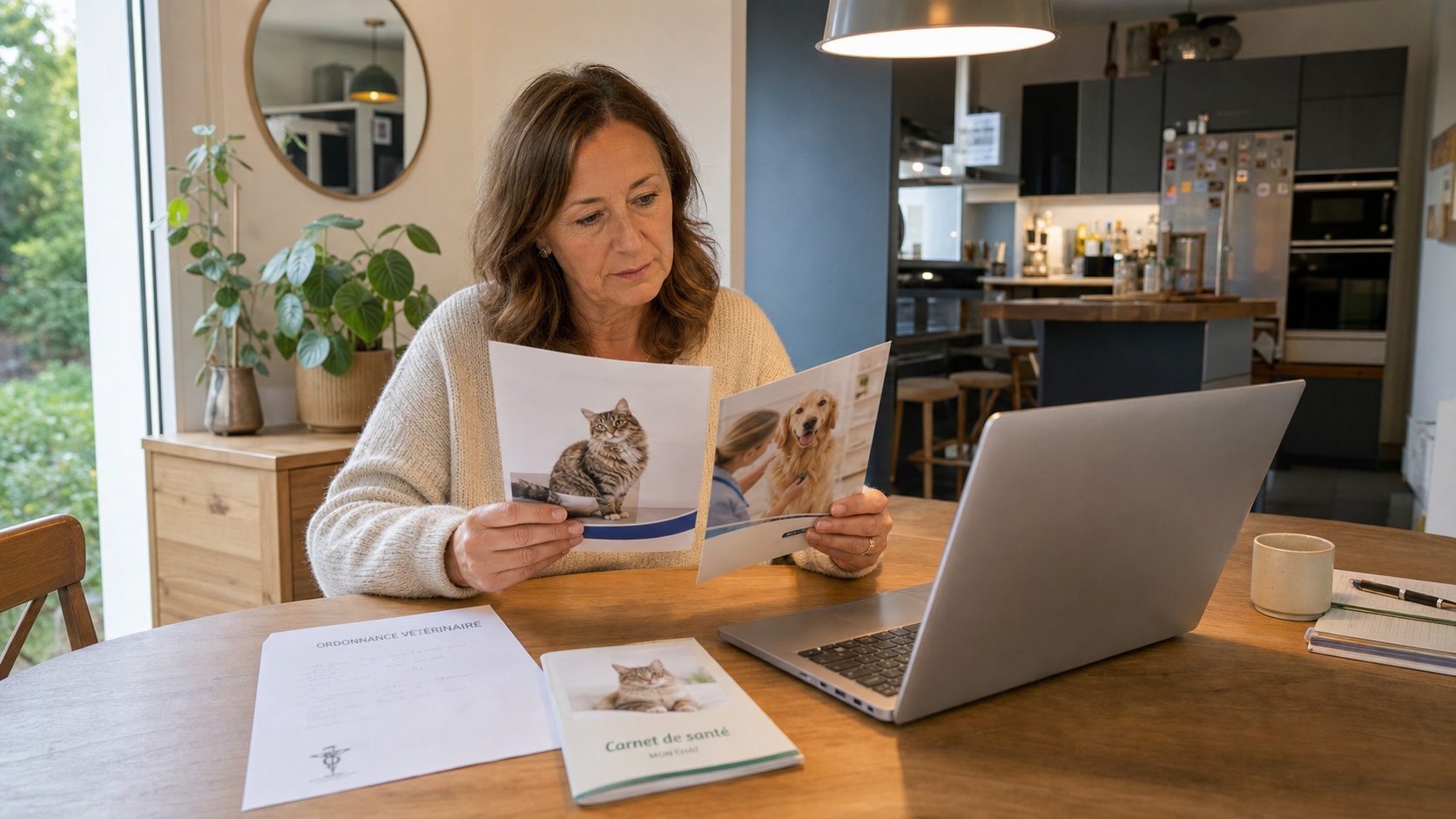 Propriétaire comparant des offres d'assurance chat sur un ordinateur portable, dossier vétérinaire ouvert sur la table