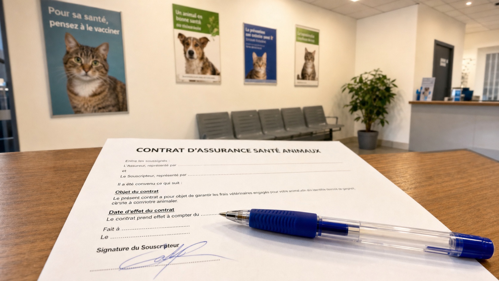 Contrat d'assurance animaux signé sur un bureau, stylo posé sur le document, clinique vétérinaire en arrière-plan