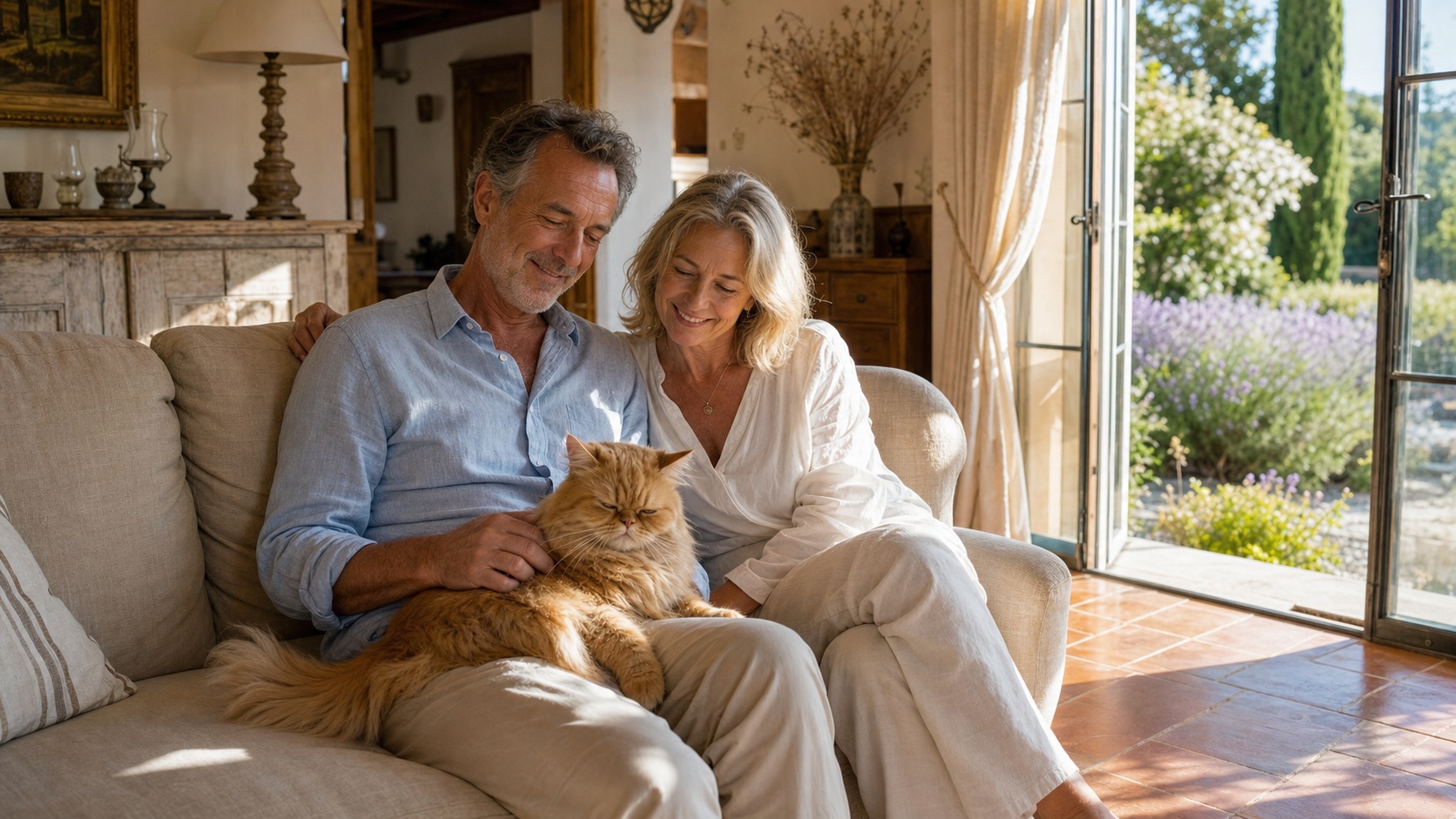 Propriétaire serein tenant son vieux chat dans les bras à la maison, ambiance chaleureuse et lumineuse