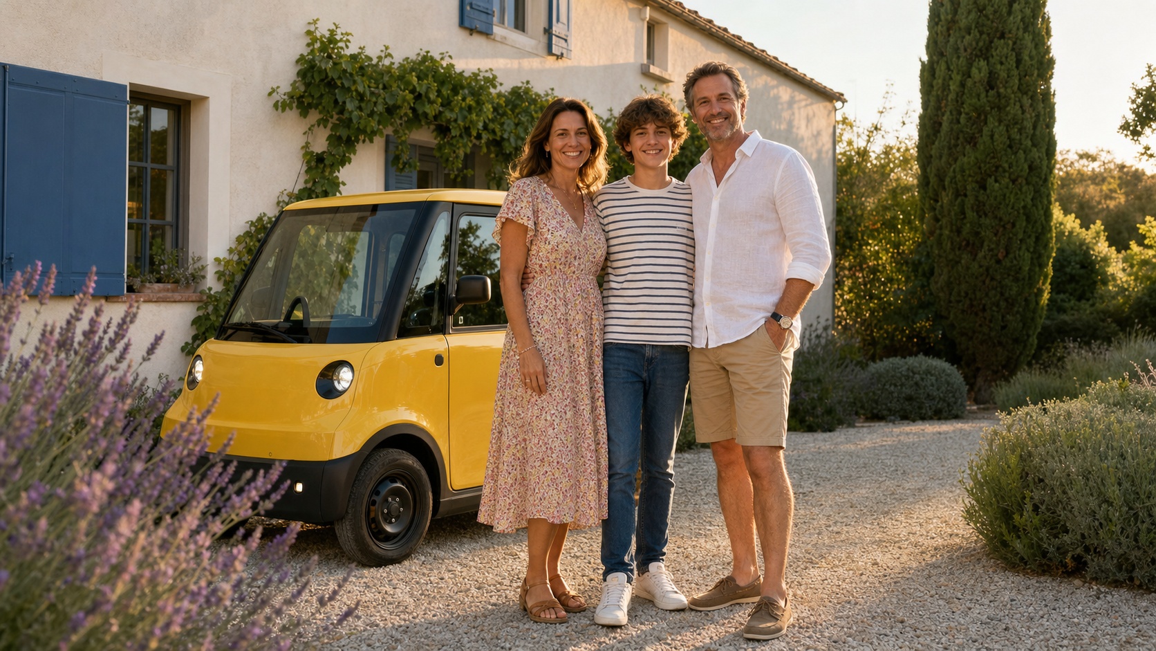 Famille souriante devant leur voiturette Ligier garée dans une allée résidentielle ensoleillée